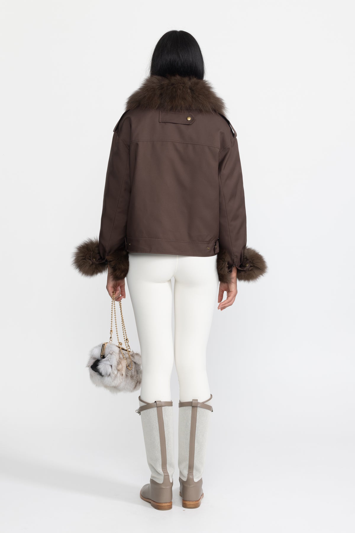 Fox Fur Collar and Cuff Down Utility Jacket - Chocolate