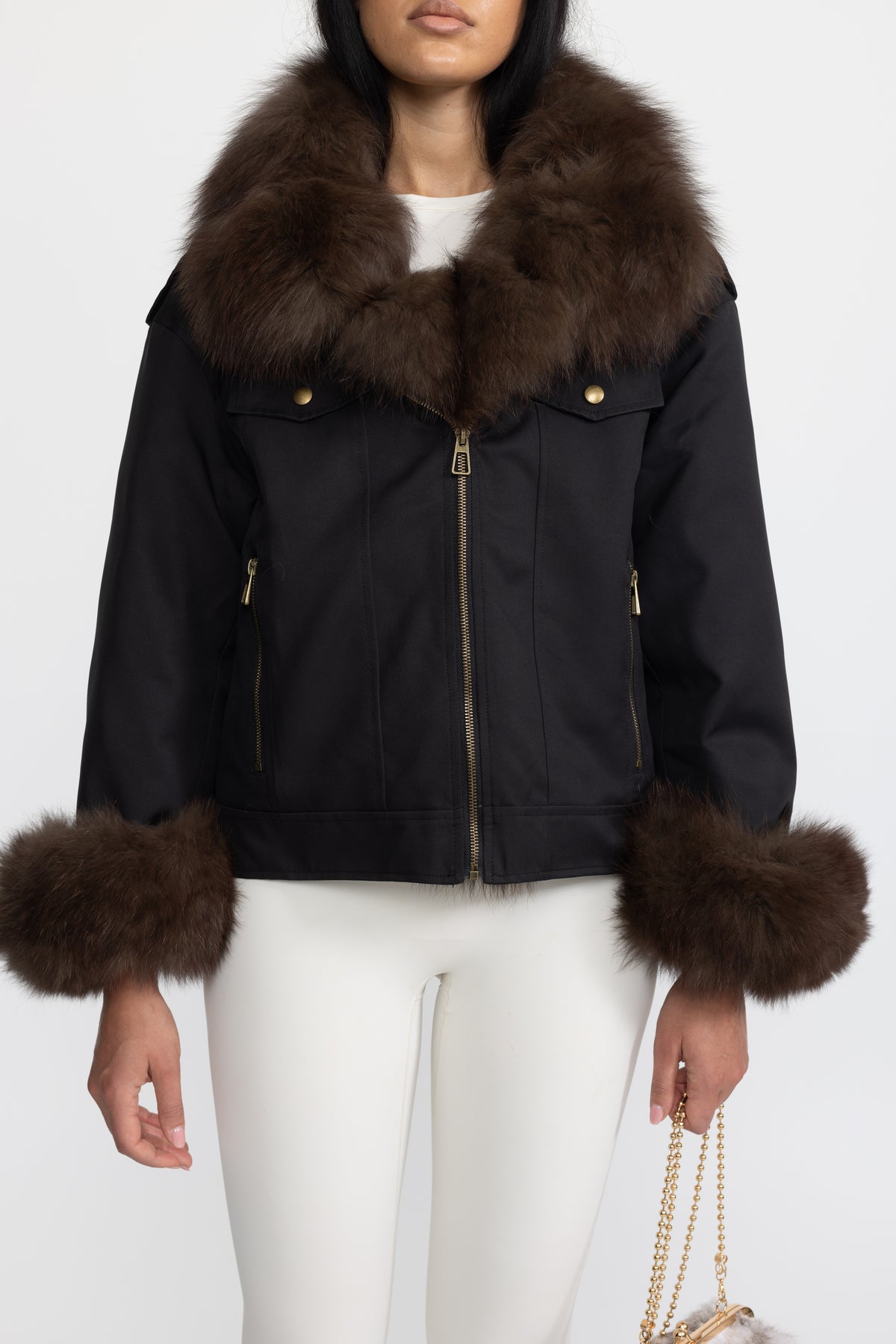 Fox Fur Collar and Cuff Down Utility Jacket - Black