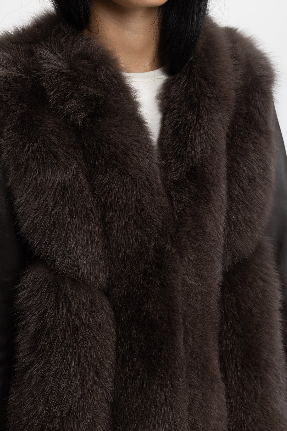 Fox Fur Panel Shearling Jacket - Chocolate