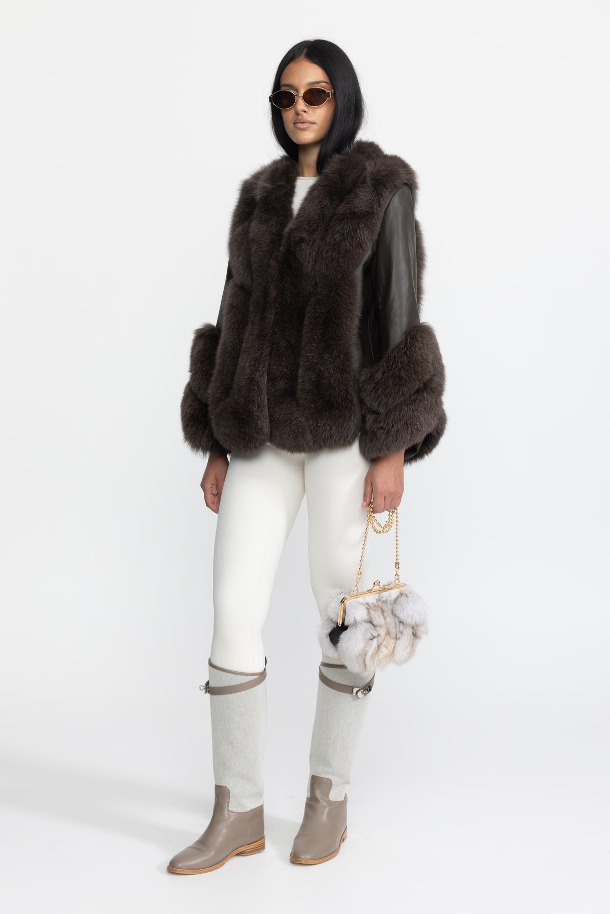 Fox Fur Panel Shearling Jacket - Chocolate