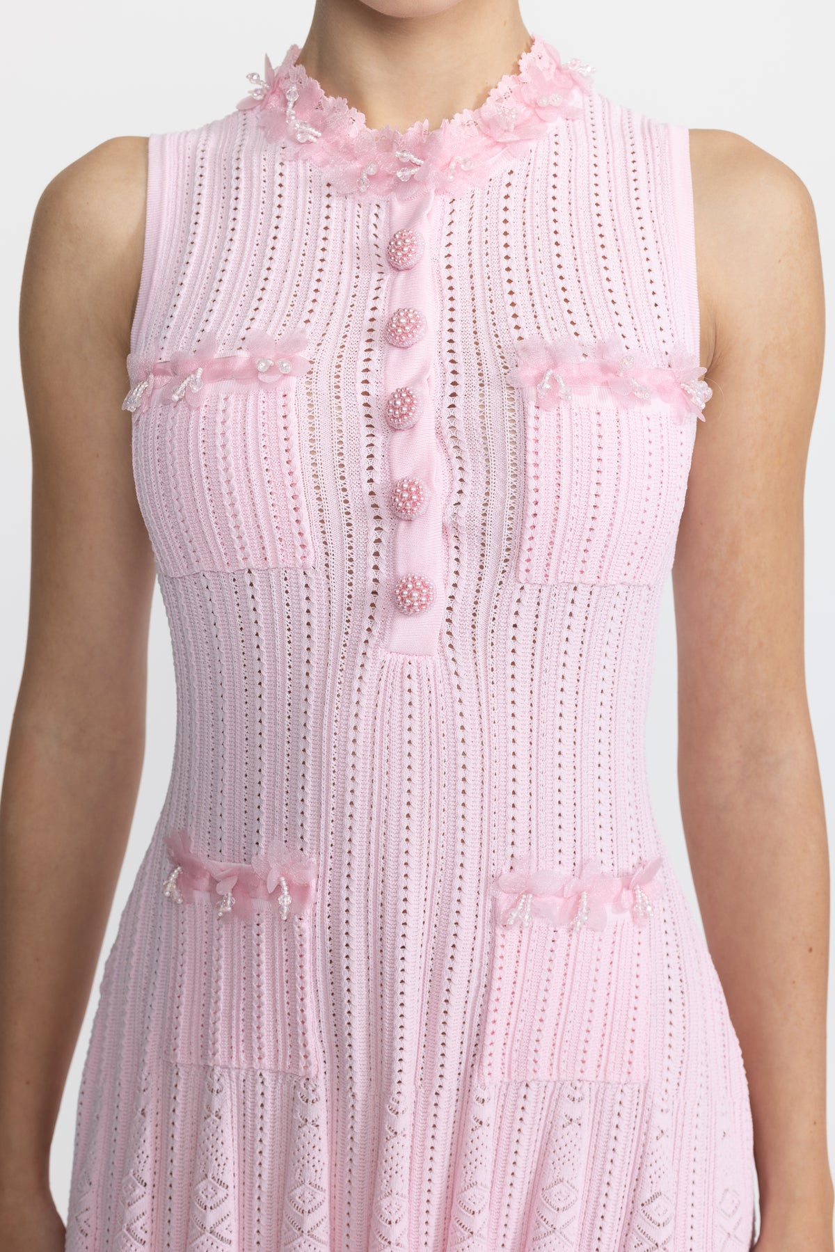 Organza Flower Trim Pointelle Knit Mini Dress - Pink
