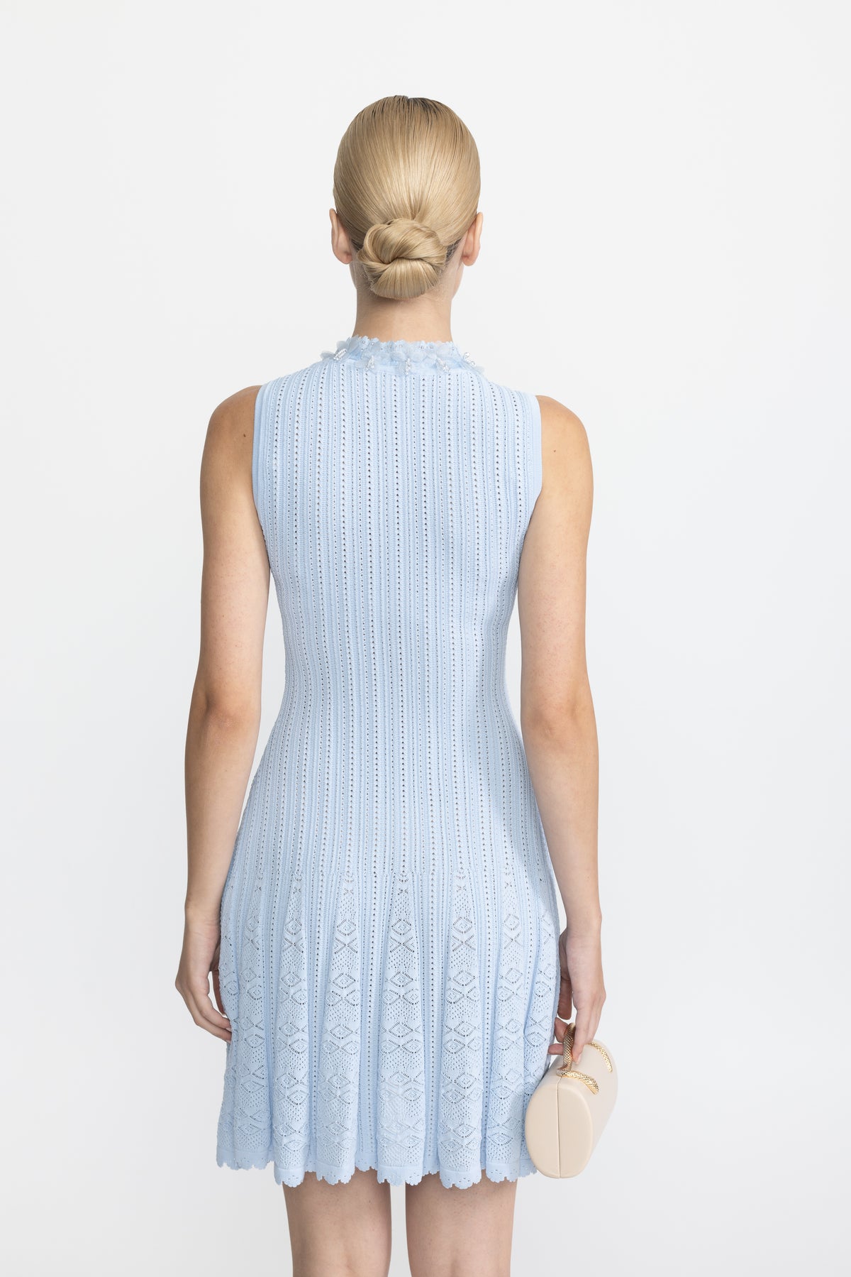 Organza Flower Trim Pointelle Knit Mini Dress - Light Blue