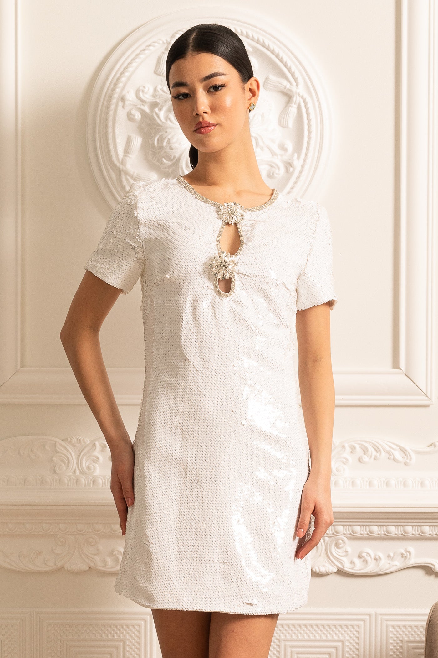 Sequin Mini Dress With Floral Brooches And Sparkling Neckline - White