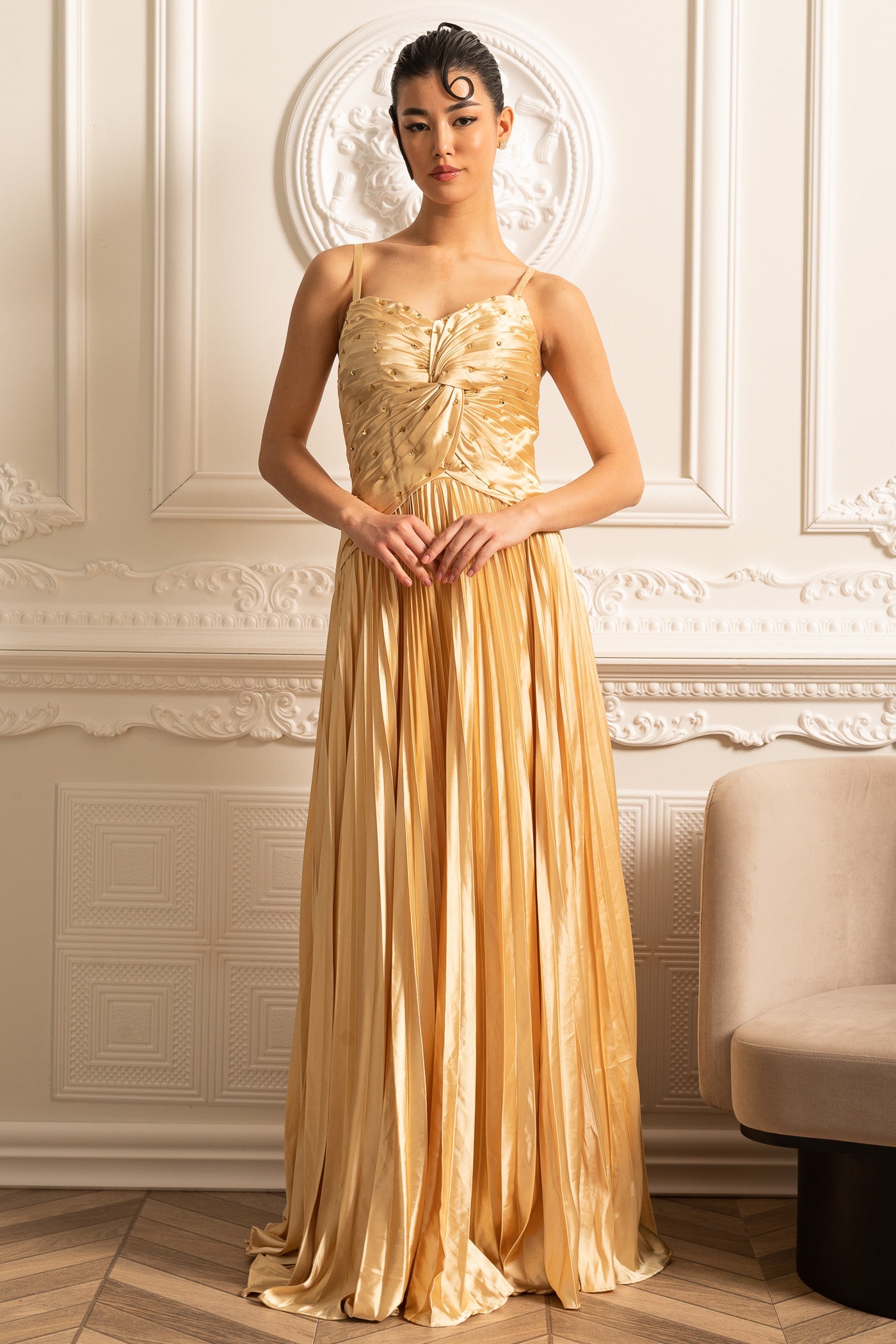 Cascade Gown With Sparkling Details - Gold