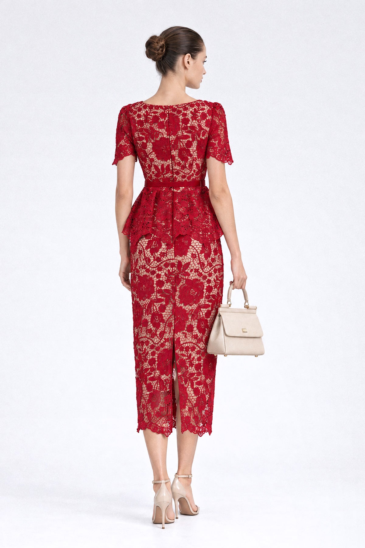 Crystal-Button Lace Peplum Midi Dress - Red