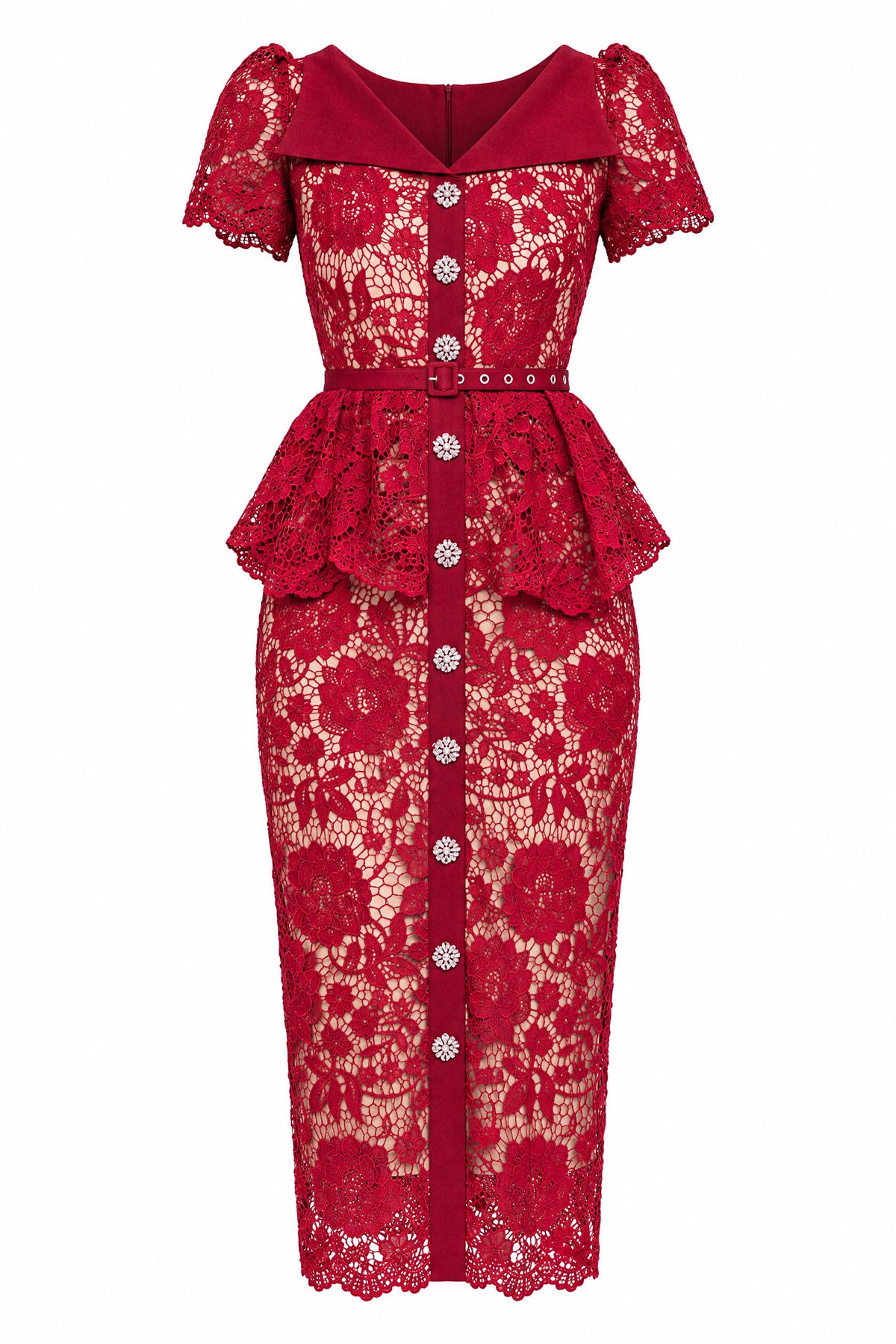 Crystal-Button Lace Peplum Midi Dress - Red