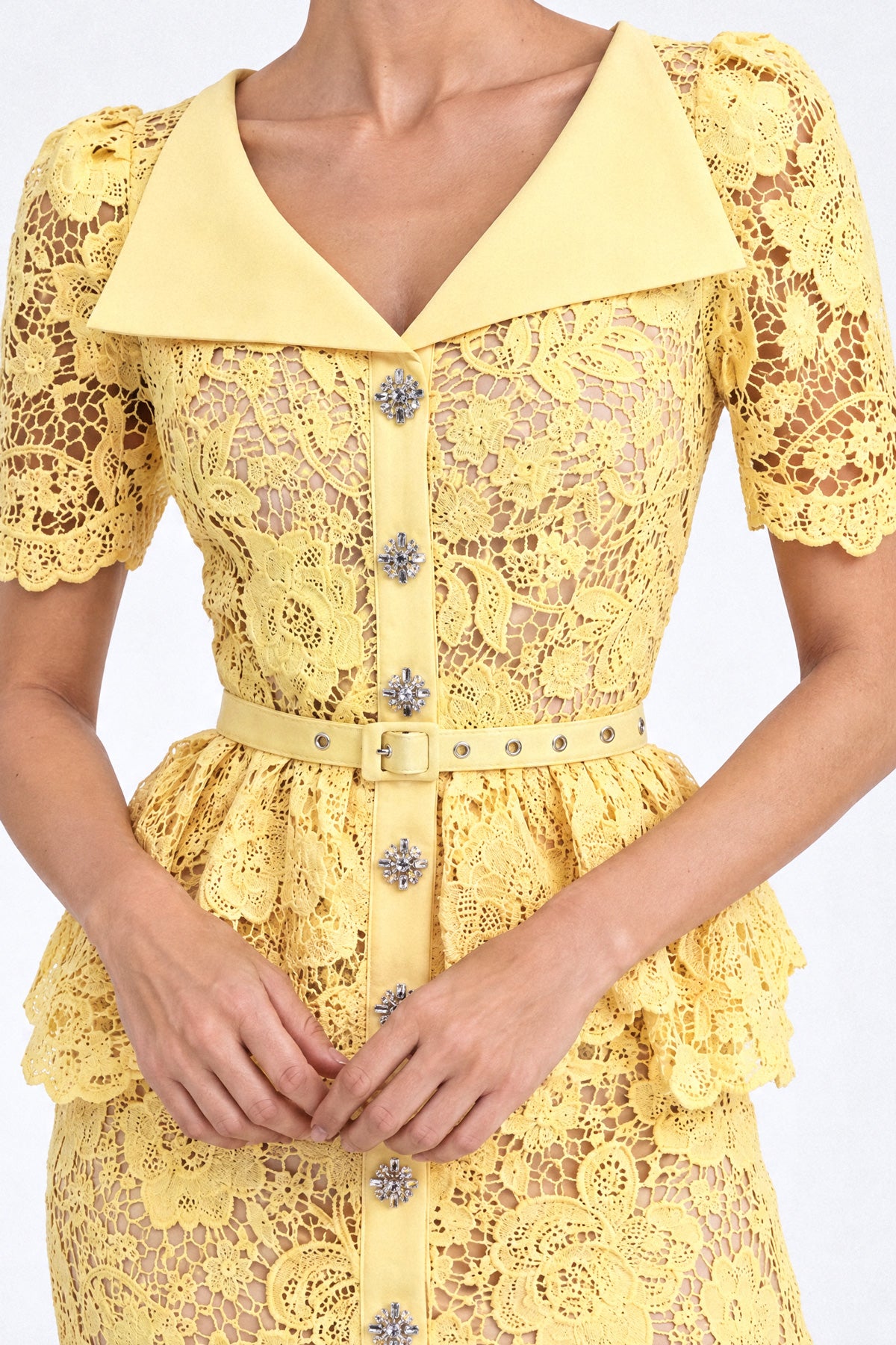 Crystal-Button Lace Peplum Midi Dress - Yellow