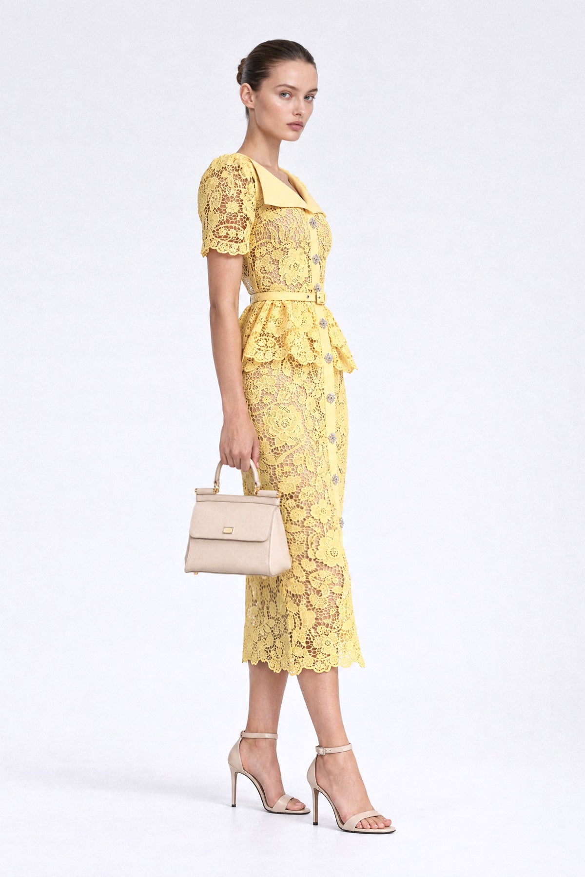 Crystal-Button Lace Peplum Midi Dress - Yellow
