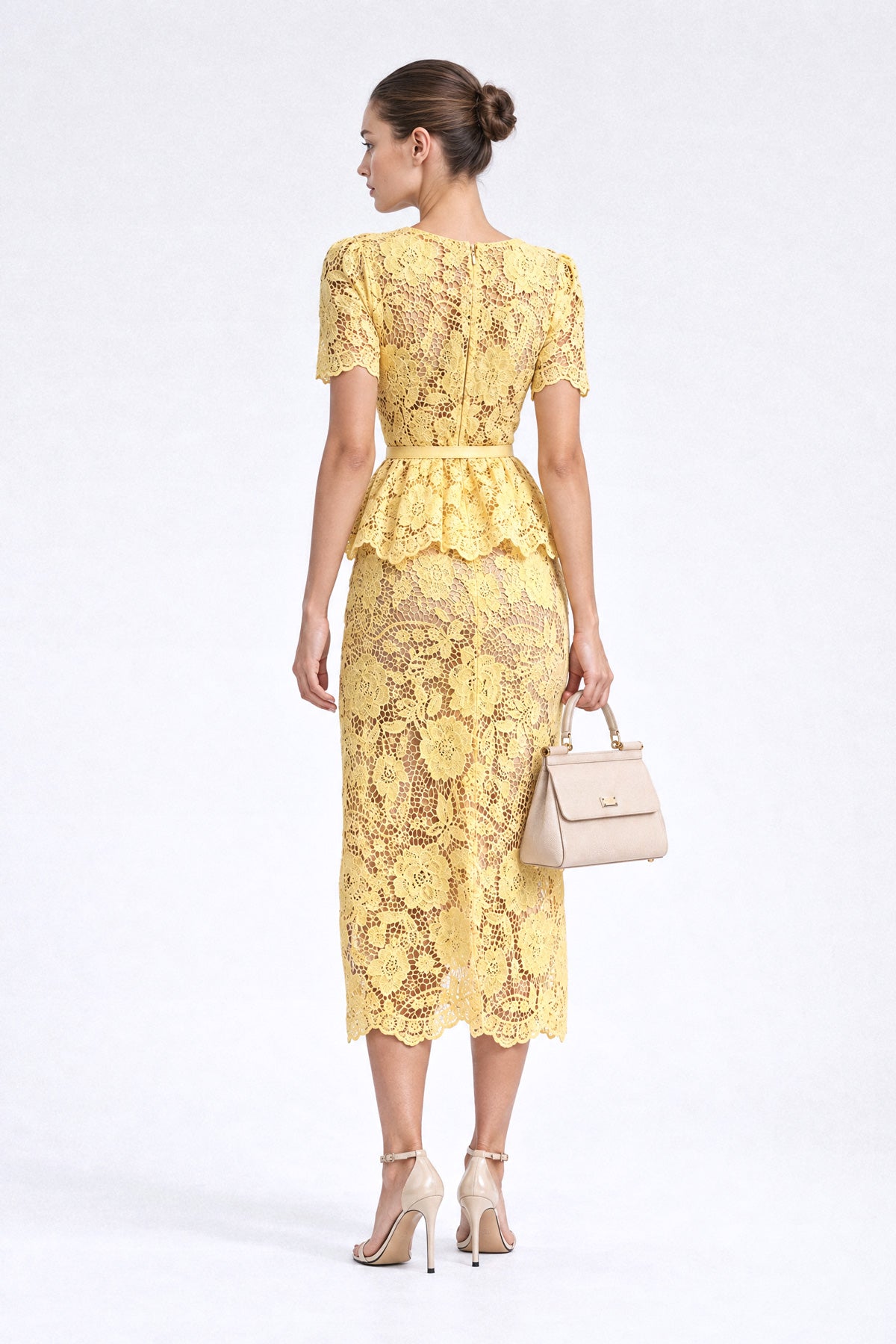 Crystal-Button Lace Peplum Midi Dress - Yellow