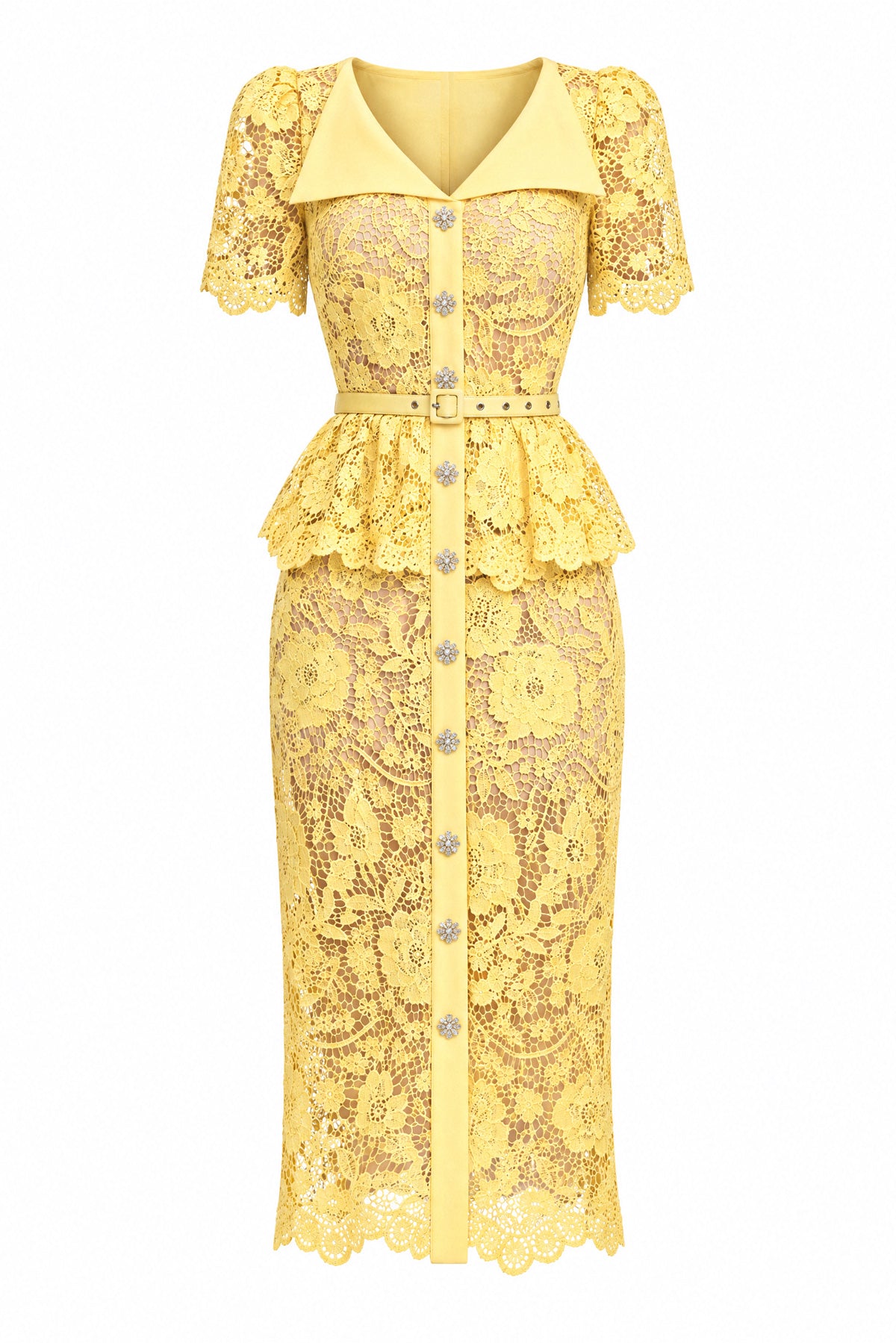 Crystal-Button Lace Peplum Midi Dress - Yellow