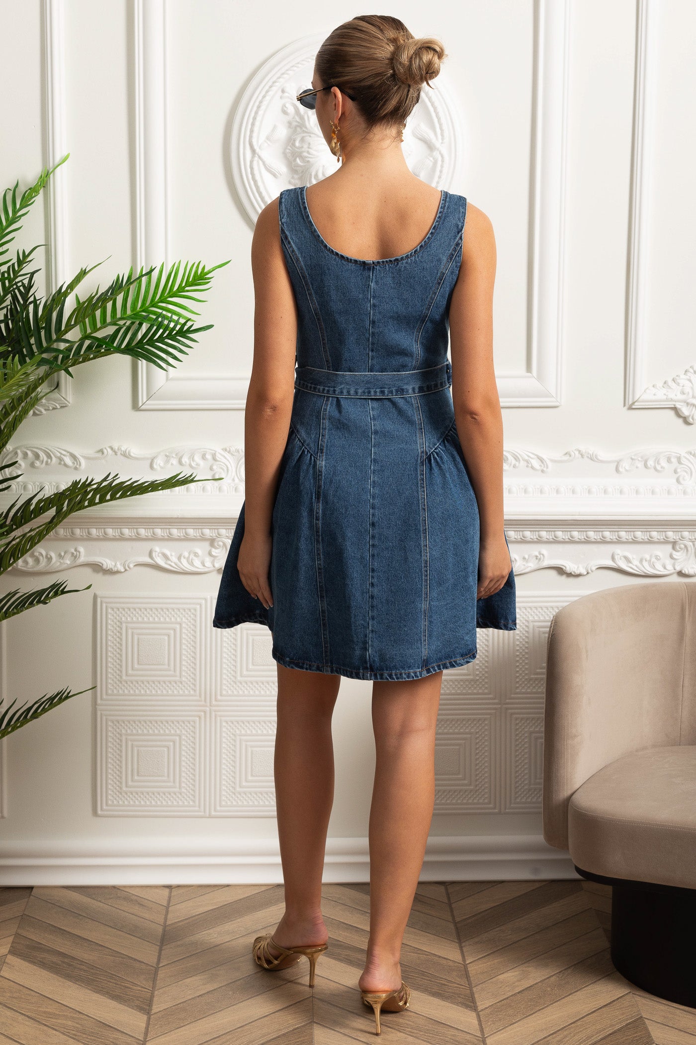 Belted Denim Button-Front Mini Dress - Blue