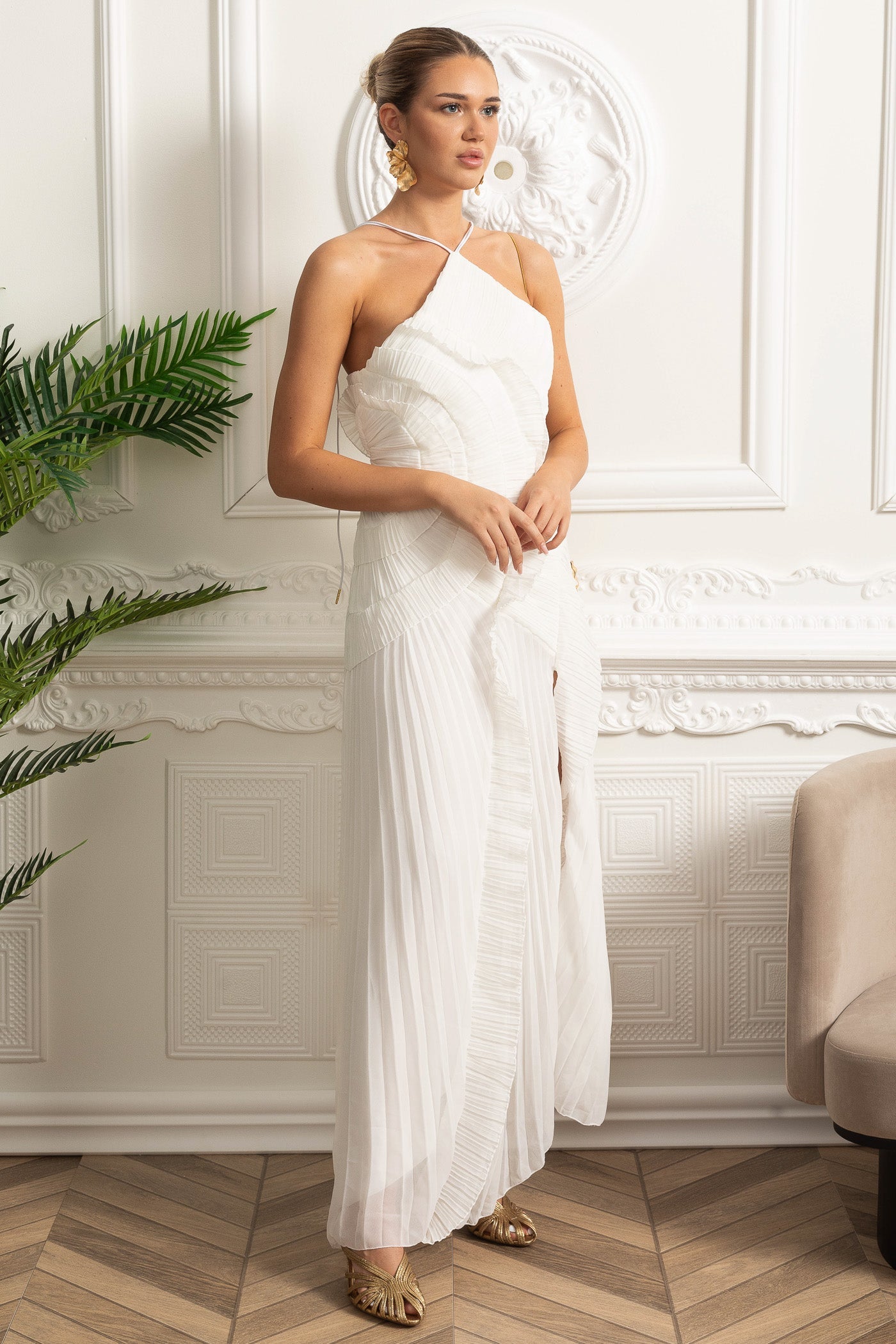 Pleated Halter Midi Dress With Cascading Ruffle Details - White