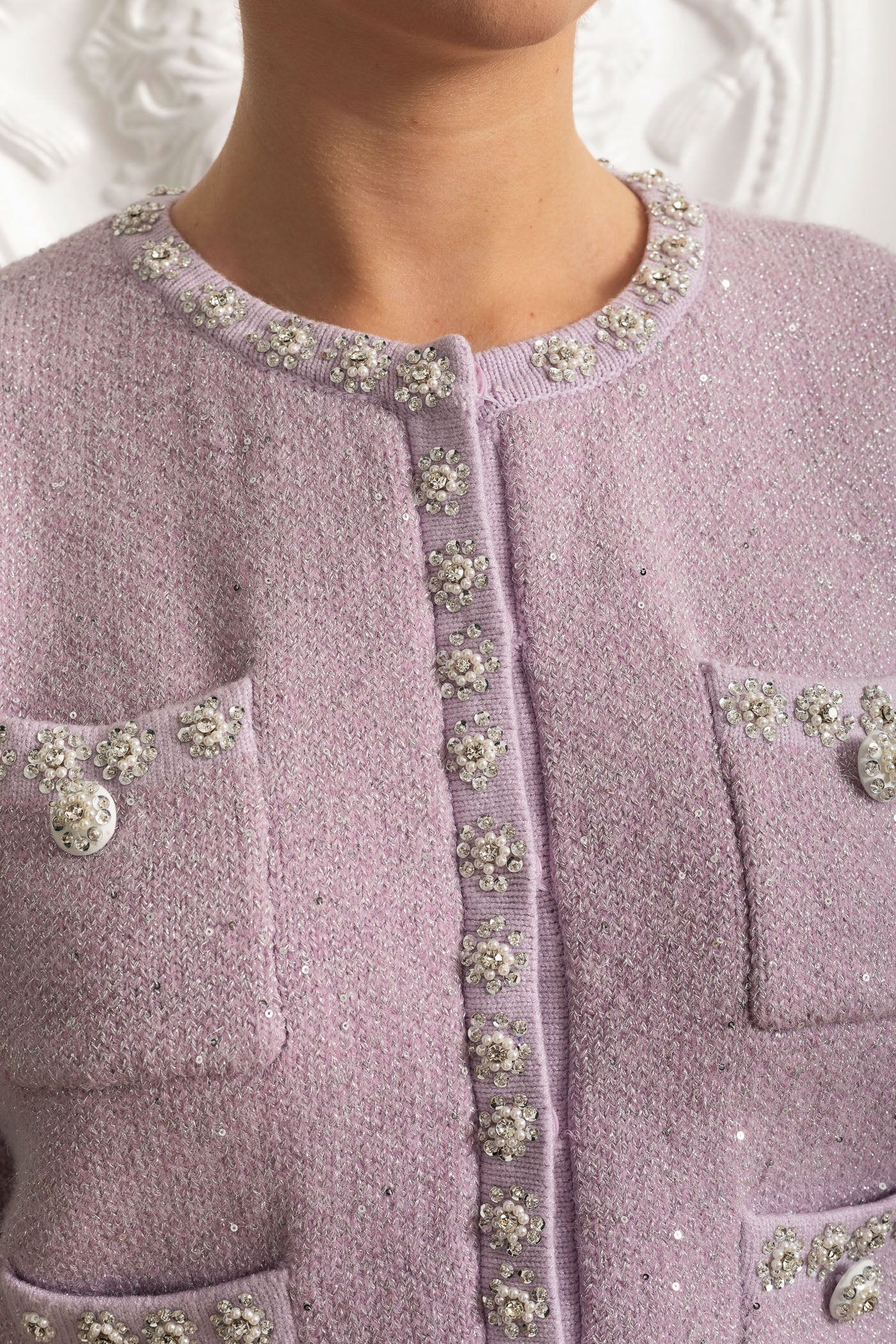 Embellished Knit Cardigan & Pleated Mini Skirt Co-ord Set - Lilac