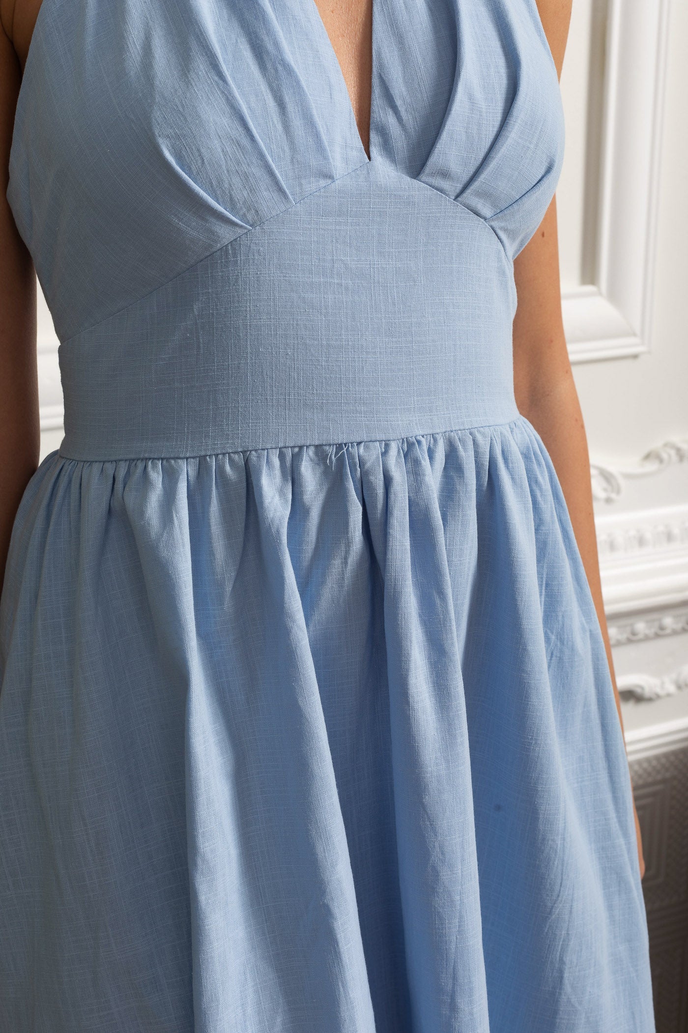 Halterneck Midi Dress With A-line Gathered Skirt - Blue