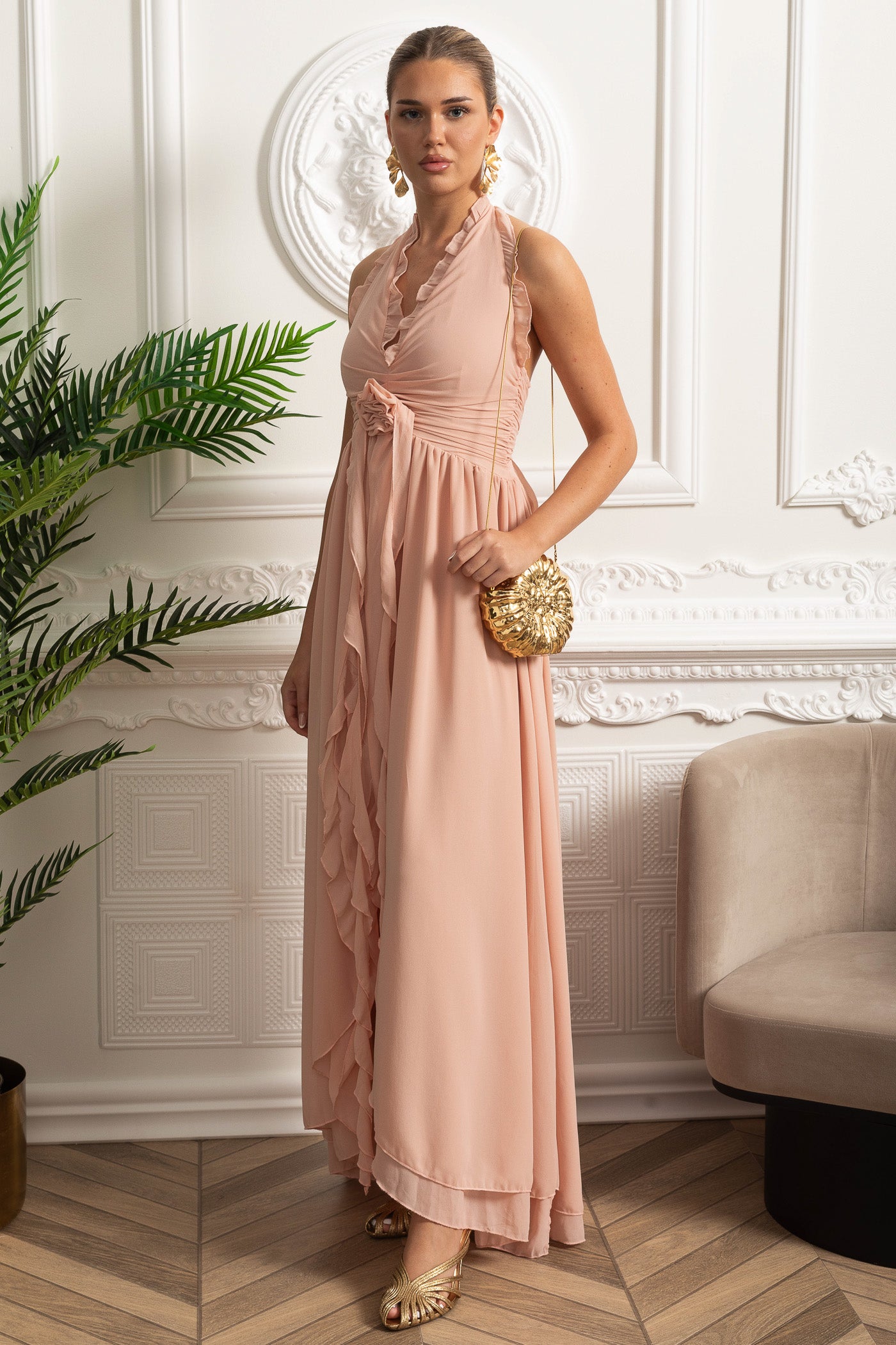 Ruffled Halter Maxi Dress with Rosette Tie Detail - Pink