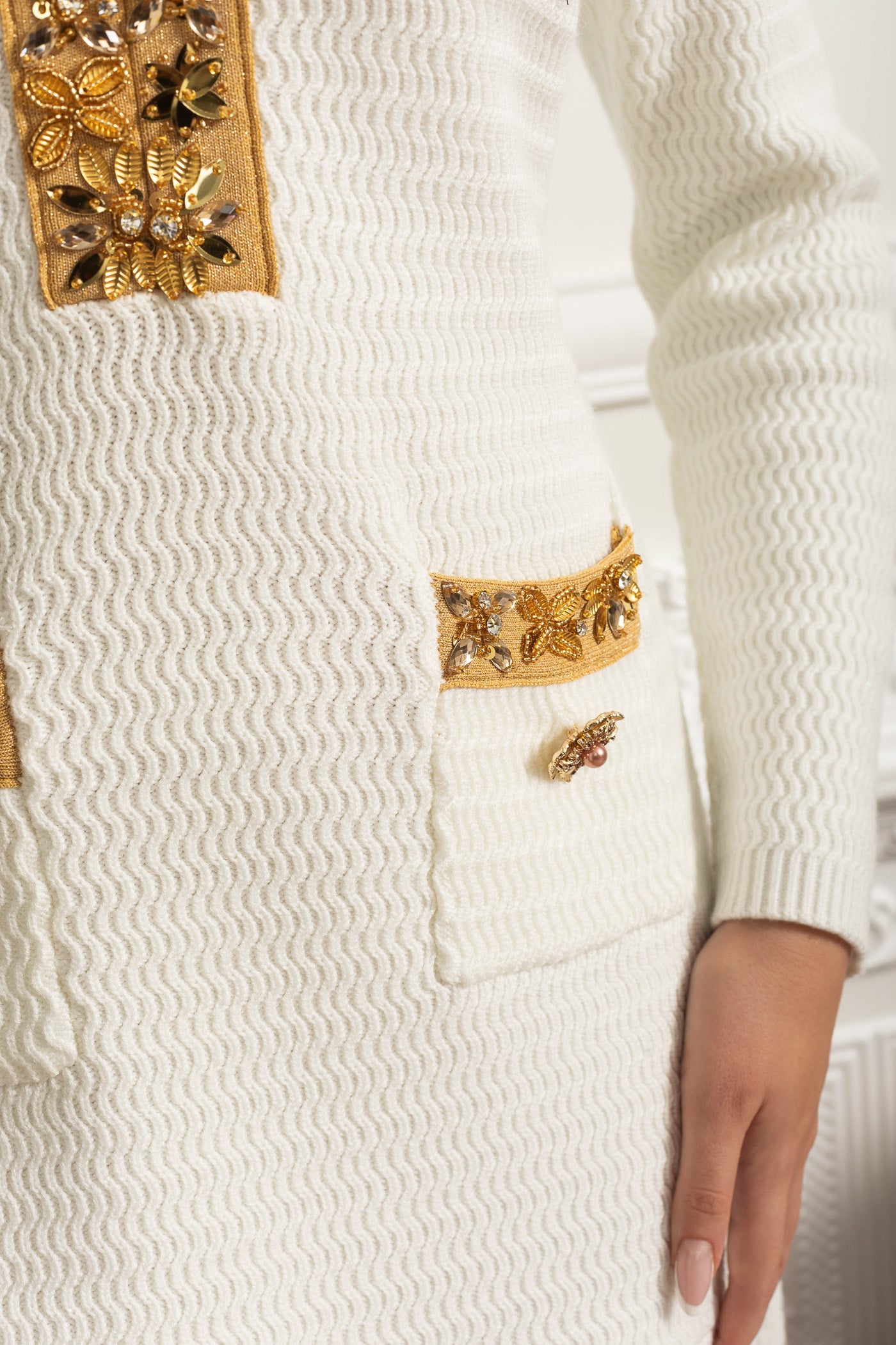 Textured Mini Dress With Long Sleeves And Gold Detailing - White