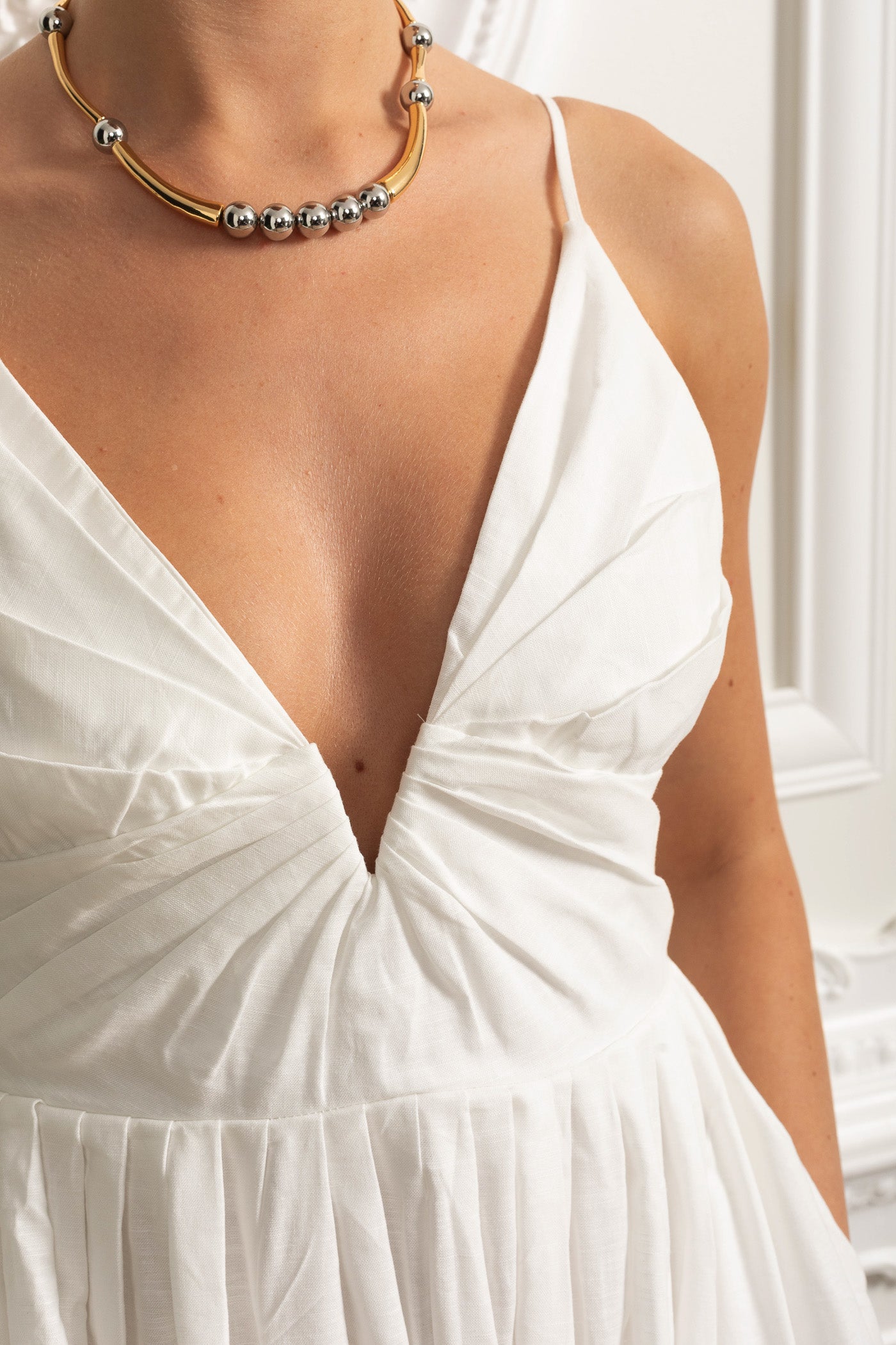 Ruched Bodice Strappy Midi Dress with Smocked Back and Gathered Skirt- White