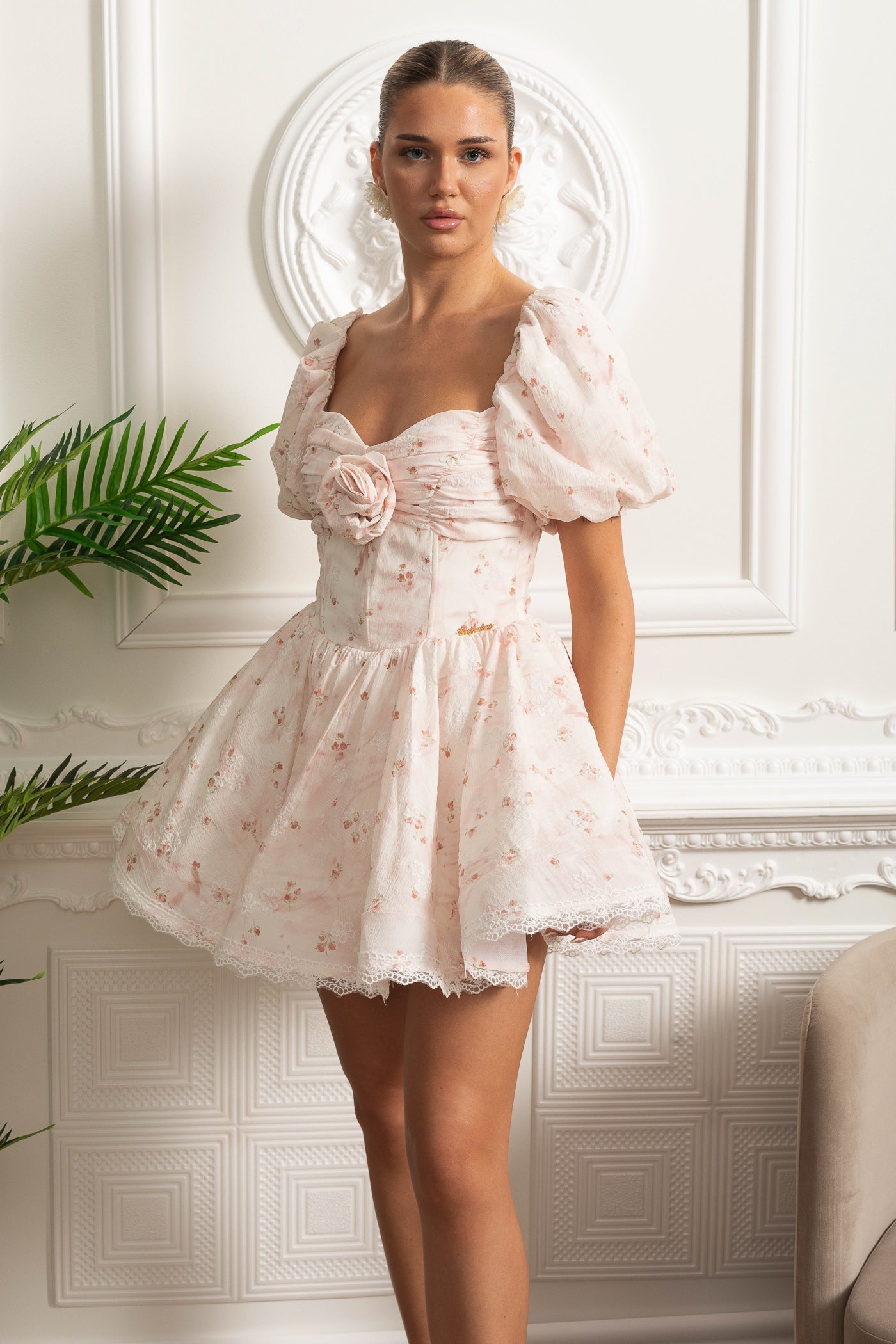 Floral Mini Dress With Puff Sleeves And 3D Rose Detail - Pastel Pink