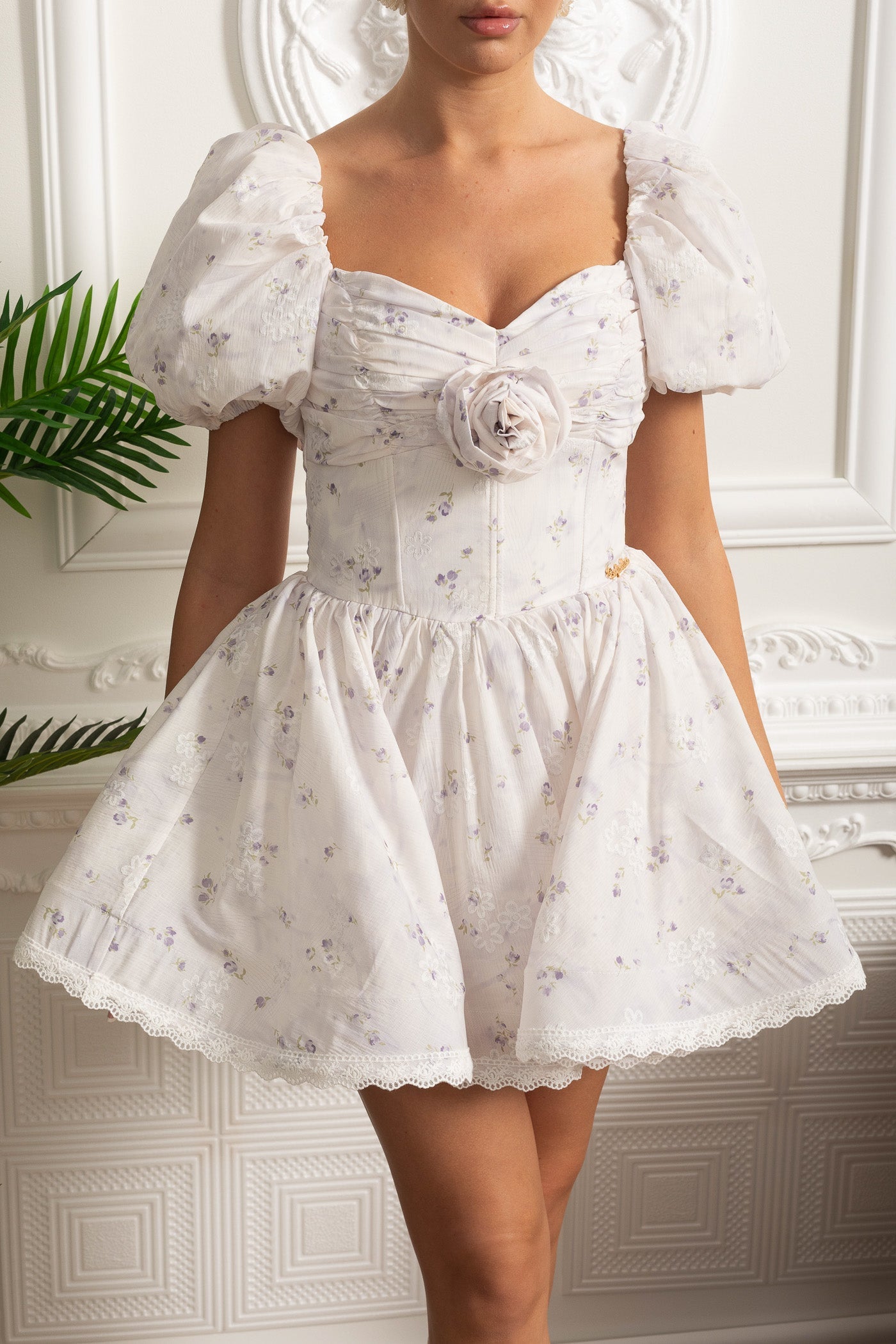 Floral Mini Dress With Puff Sleeves And 3D Rose Detail - White/Purple