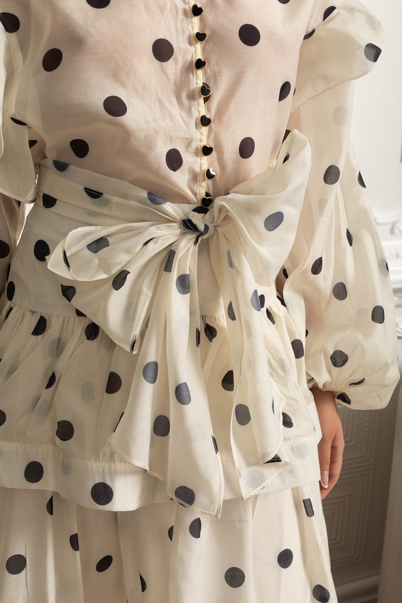 Polka Dot Co-Ord with Voluminous Sleeves and Statement Waist Bow - Ivoire