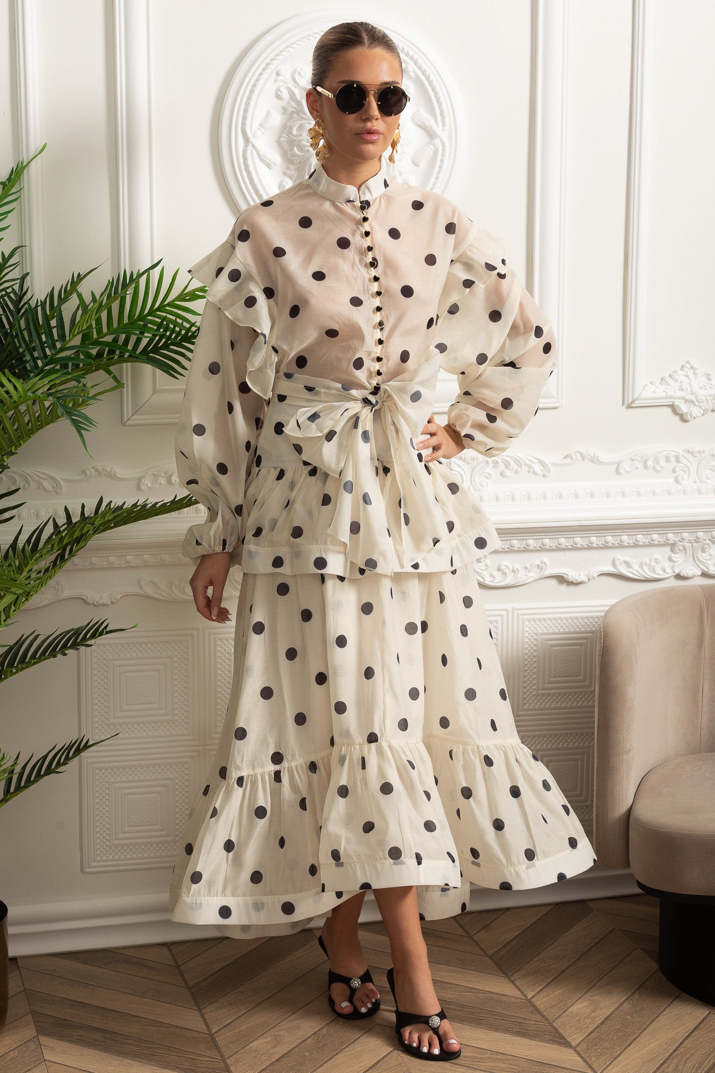 Polka Dot Co-Ord with Voluminous Sleeves and Statement Waist Bow - Ivoire