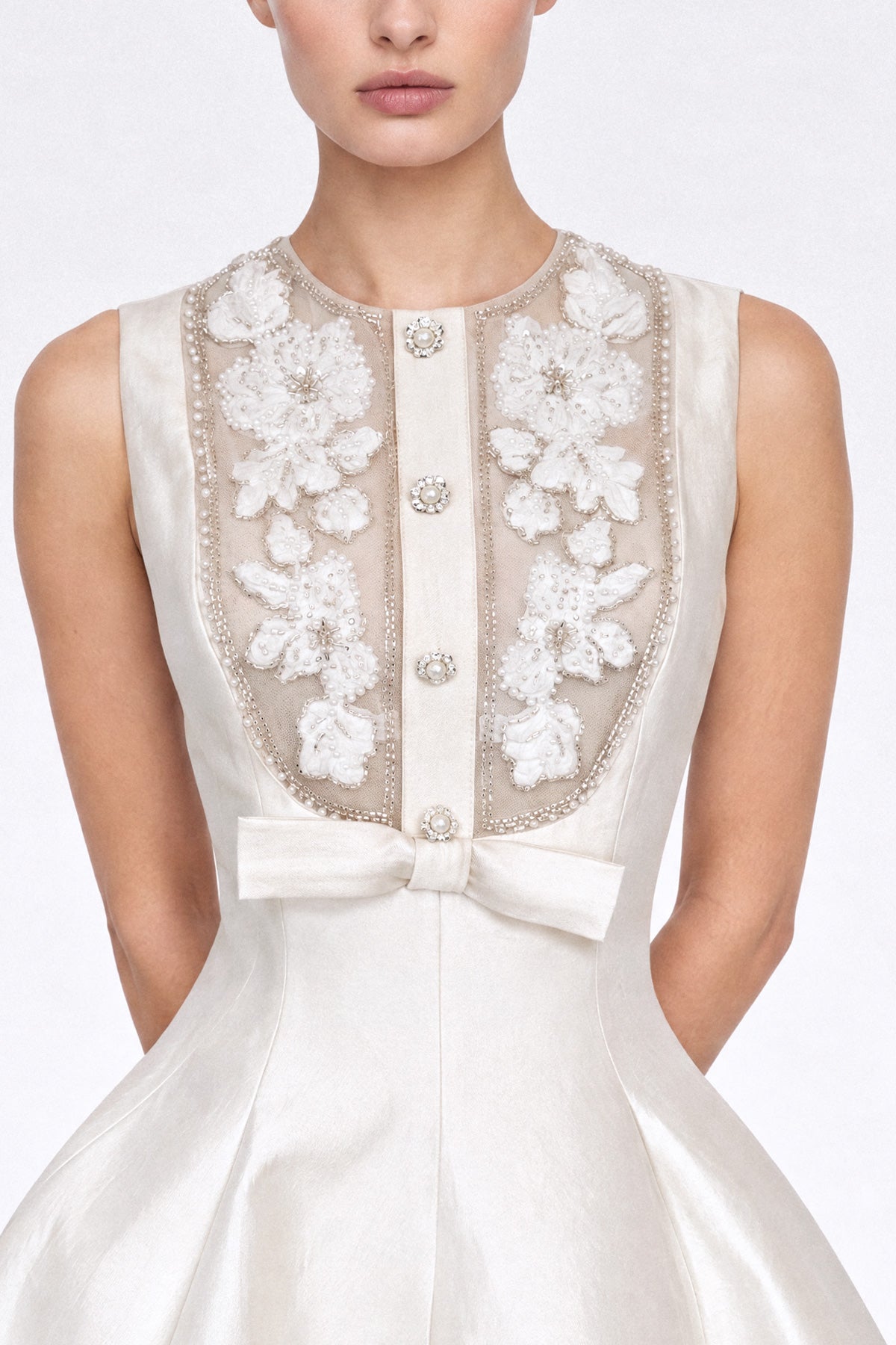 Embellished Bib Mikado Mini Dress - Ivoire
