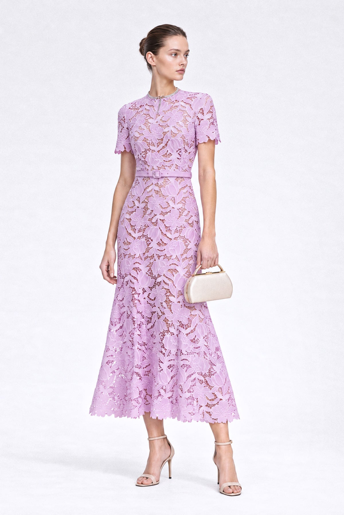 Floral Guipure Lace Midi Dress - Lilac
