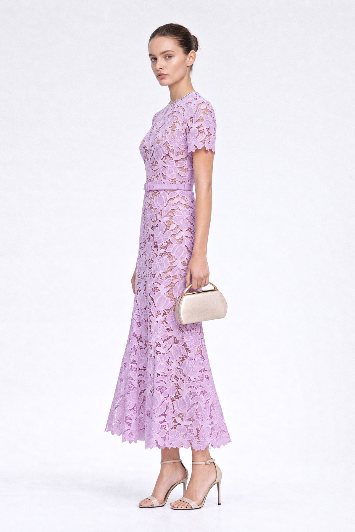 Floral Guipure Lace Midi Dress - Lilac
