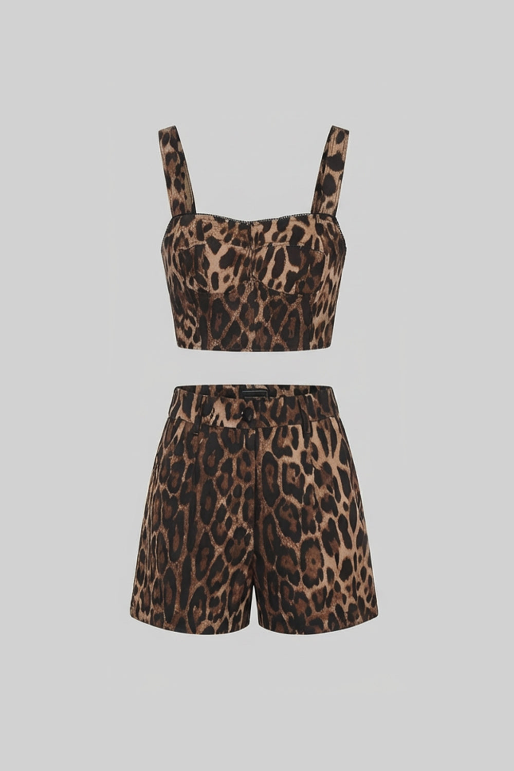Leopard Print Crop Top and Tailored Shorts Set with Wide Straps – Brown