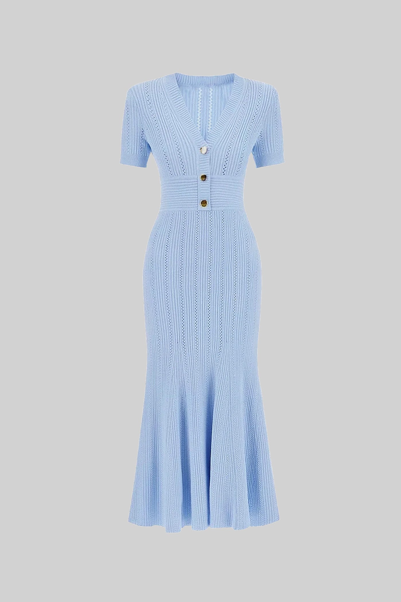 فستان ميدي بأكمام قصيرة مضلعة وياقة على شكل حرف V مع أزرار ذهبية - أزرق 