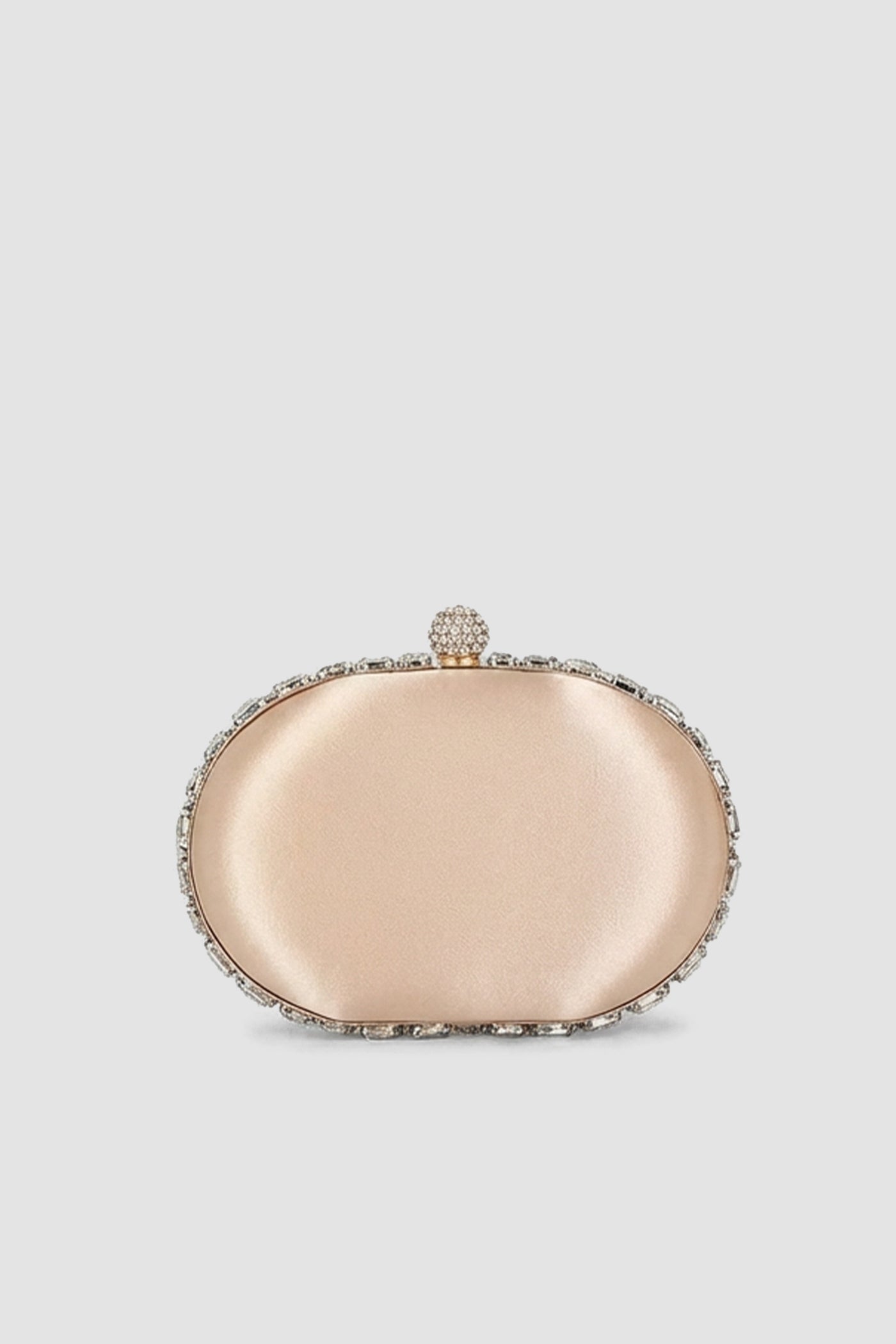 Crystal-Embellished Oval Clutch with All-Over Stone Finish – Gold