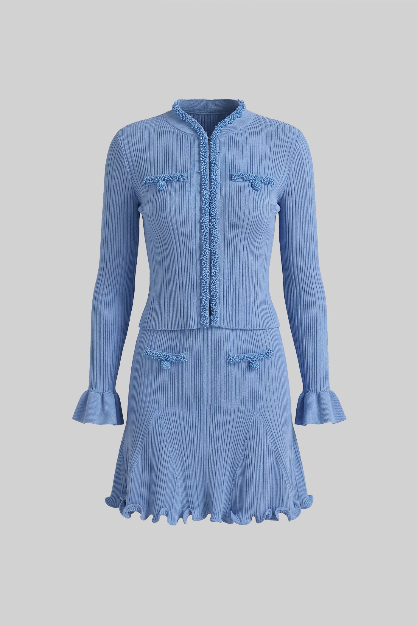 طقم بأكمام طويلة مضلع مع تطريزات خرزية - أزرق 