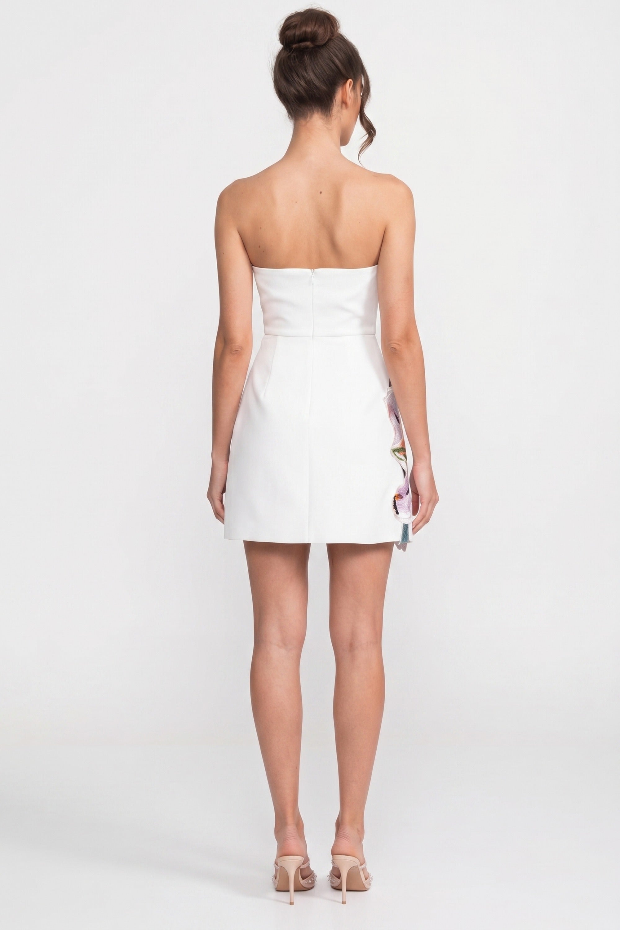 Strapless Floral-Print Mini Dress With Structured Bodice - White