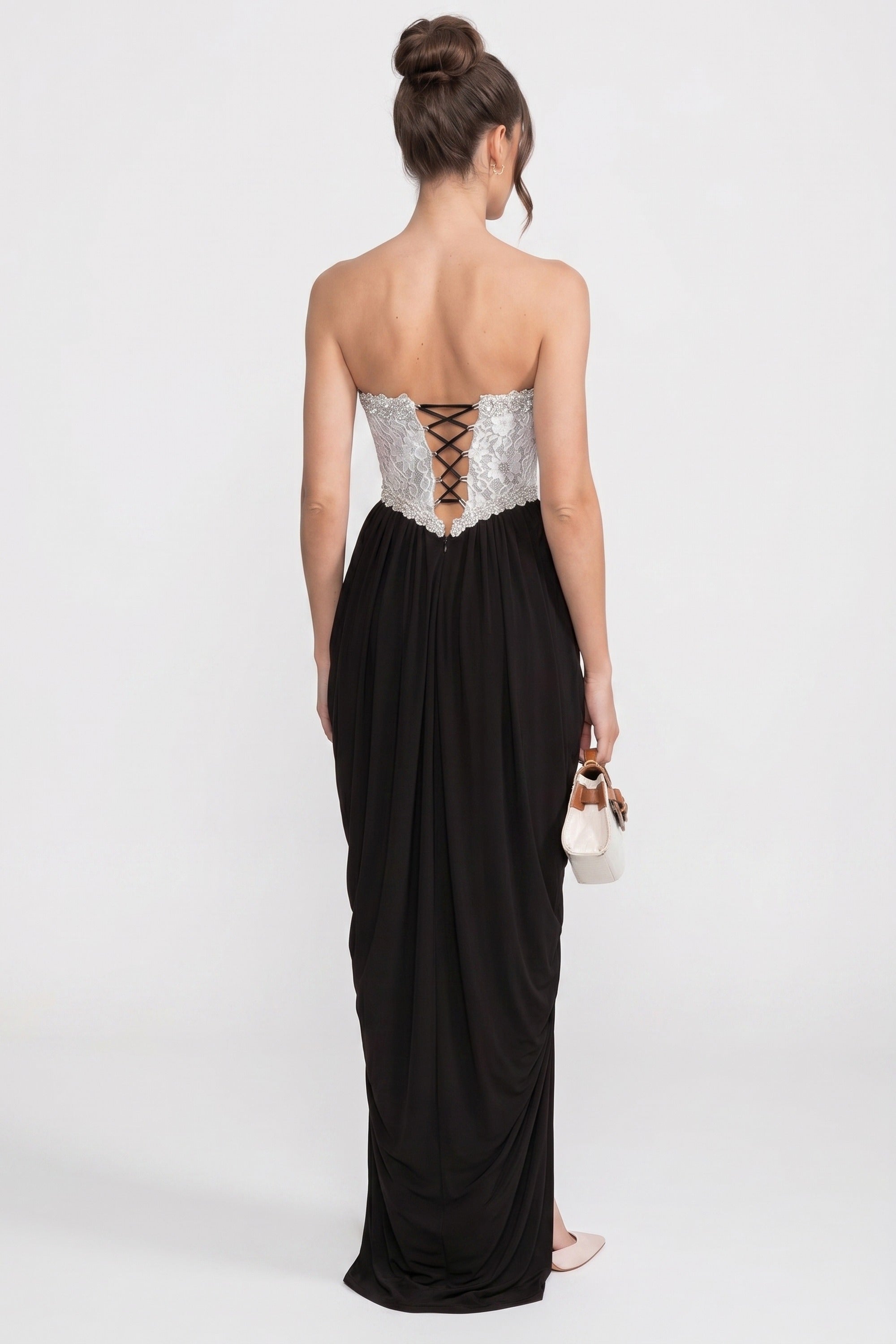 Strapless Gown With 3D Floral Corset Bodice And Draped Black Skirt - White+Black