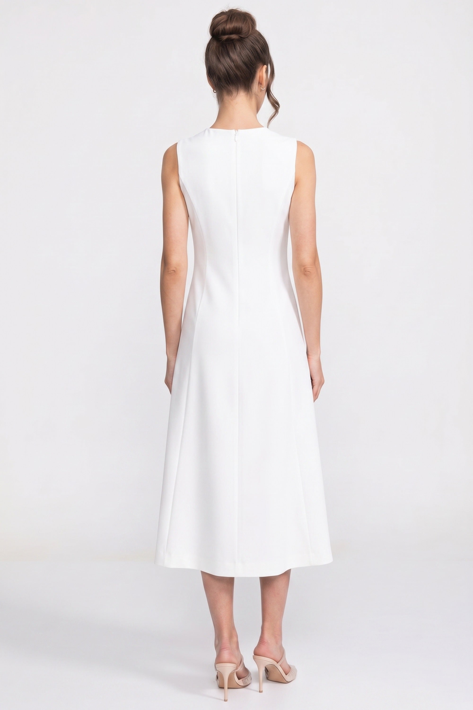 Sleeveless Midi Dress With 3D Floral Appliqué And Full Skirt - White