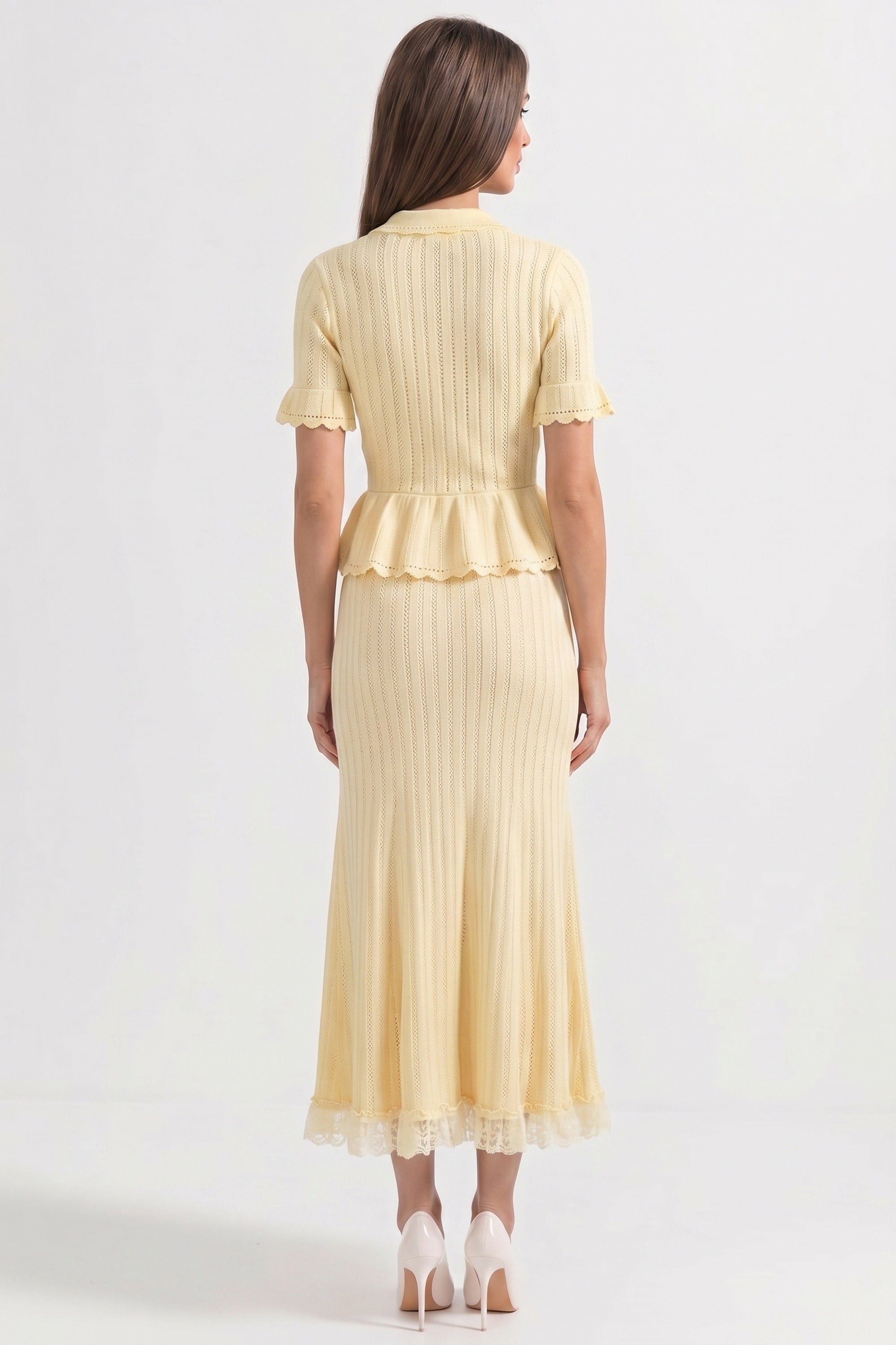 Peter-Pan Collar Knit Peplum Maxi Dress With Lace Hem - Yellow