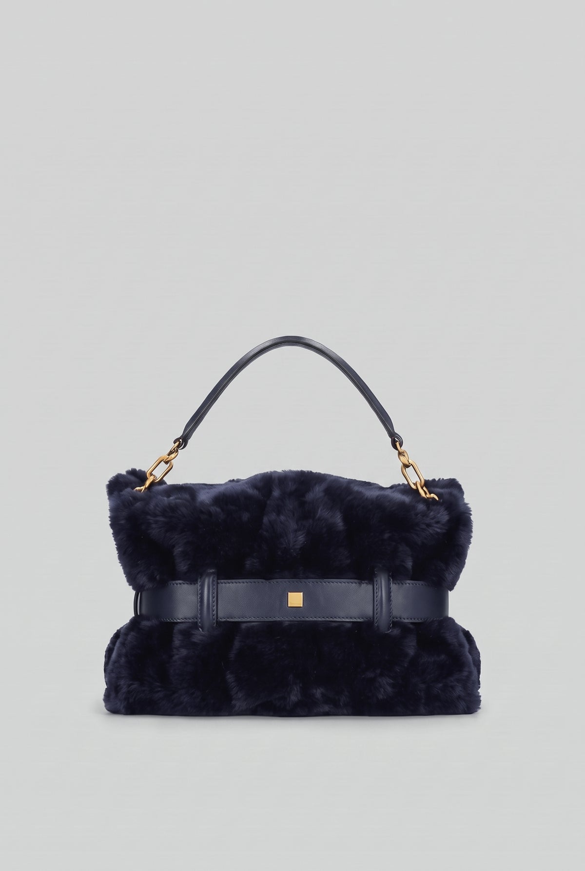 Faux Fur Handbag with Belt Buckle Detail – Dark Blue