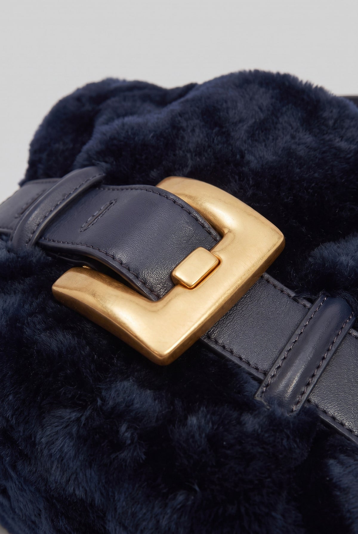 Faux Fur Handbag with Belt Buckle Detail – Dark Blue