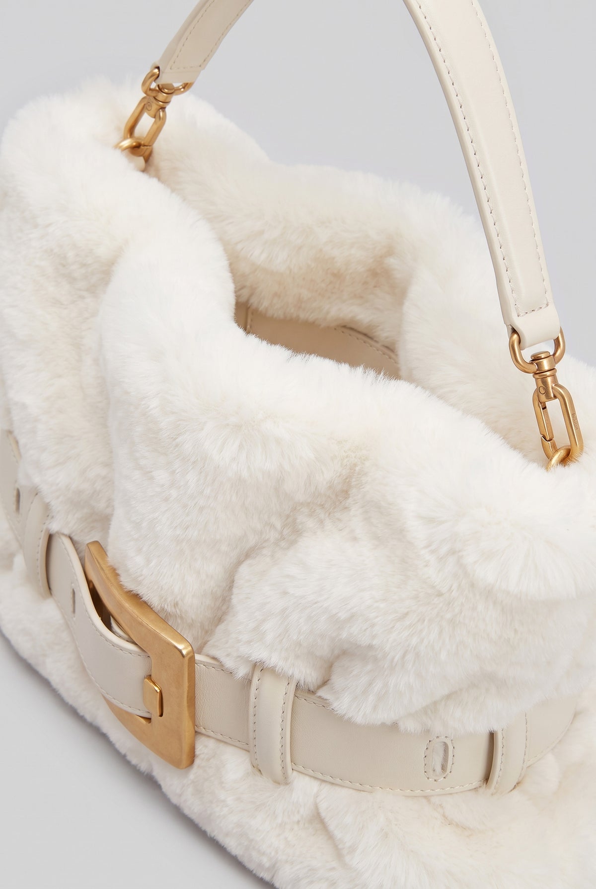Faux Fur Handbag with Belt Buckle Detail – White