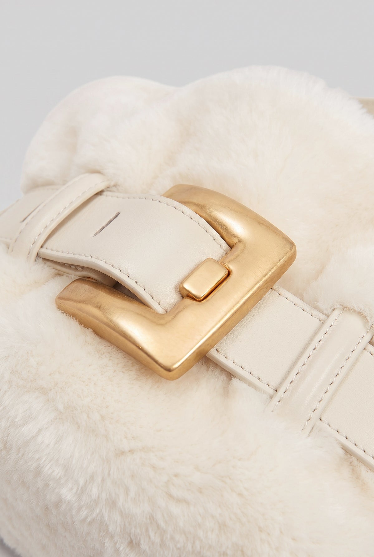 Faux Fur Handbag with Belt Buckle Detail – White