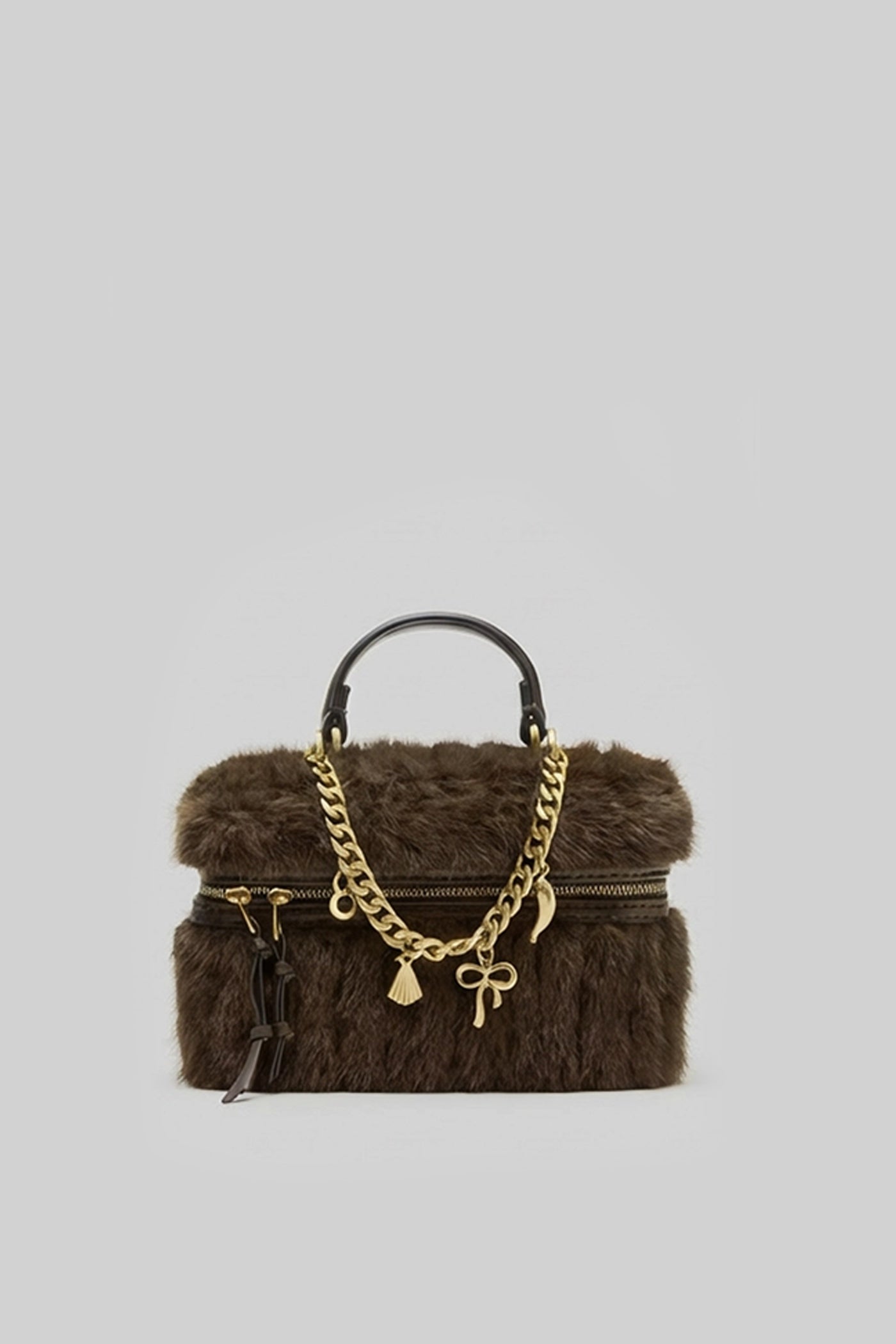 Faux Fur Top-Handle Bag with Decorative Chain – Brown