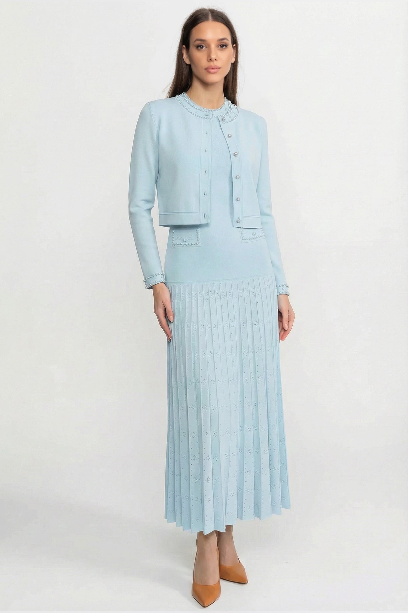 كارديغان محاك بأزرار لؤلؤية وتطريزات - أزرق 