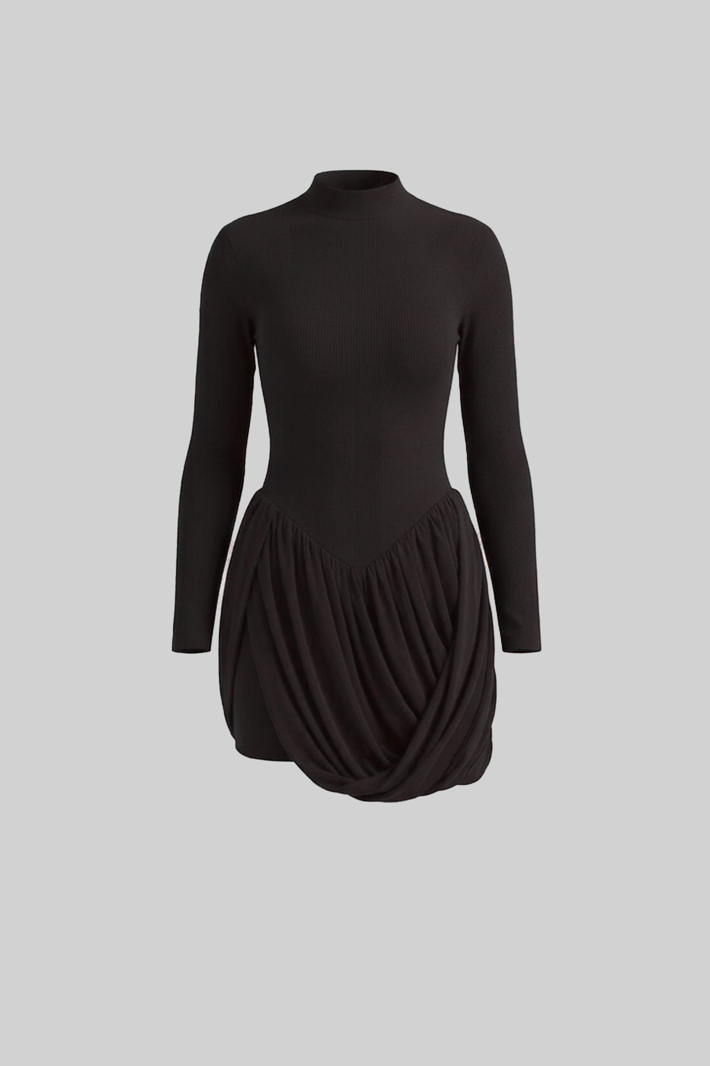 فستان ميني بأكمام طويلة وتنورة فقاعة مطوية - أسود 