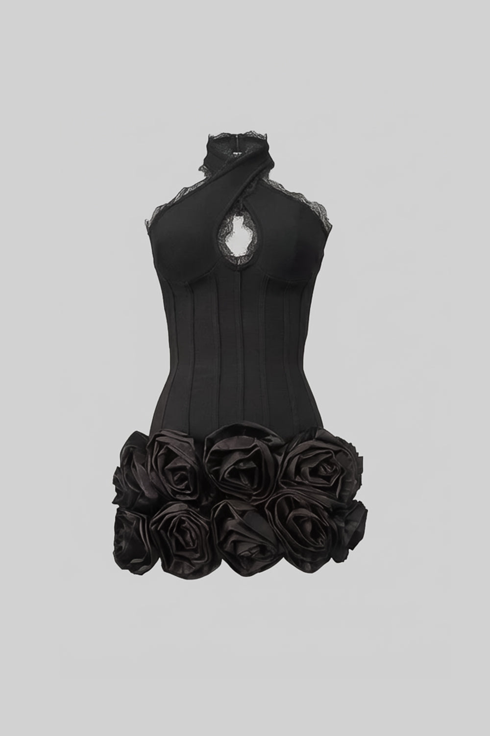 Halter Corset Mini Dress with 3D Rose Hem – Black