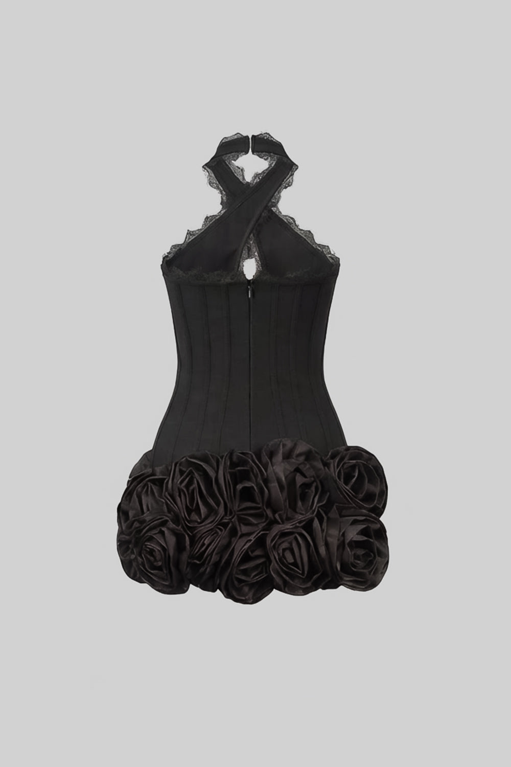 Halter Corset Mini Dress with 3D Rose Hem – Black