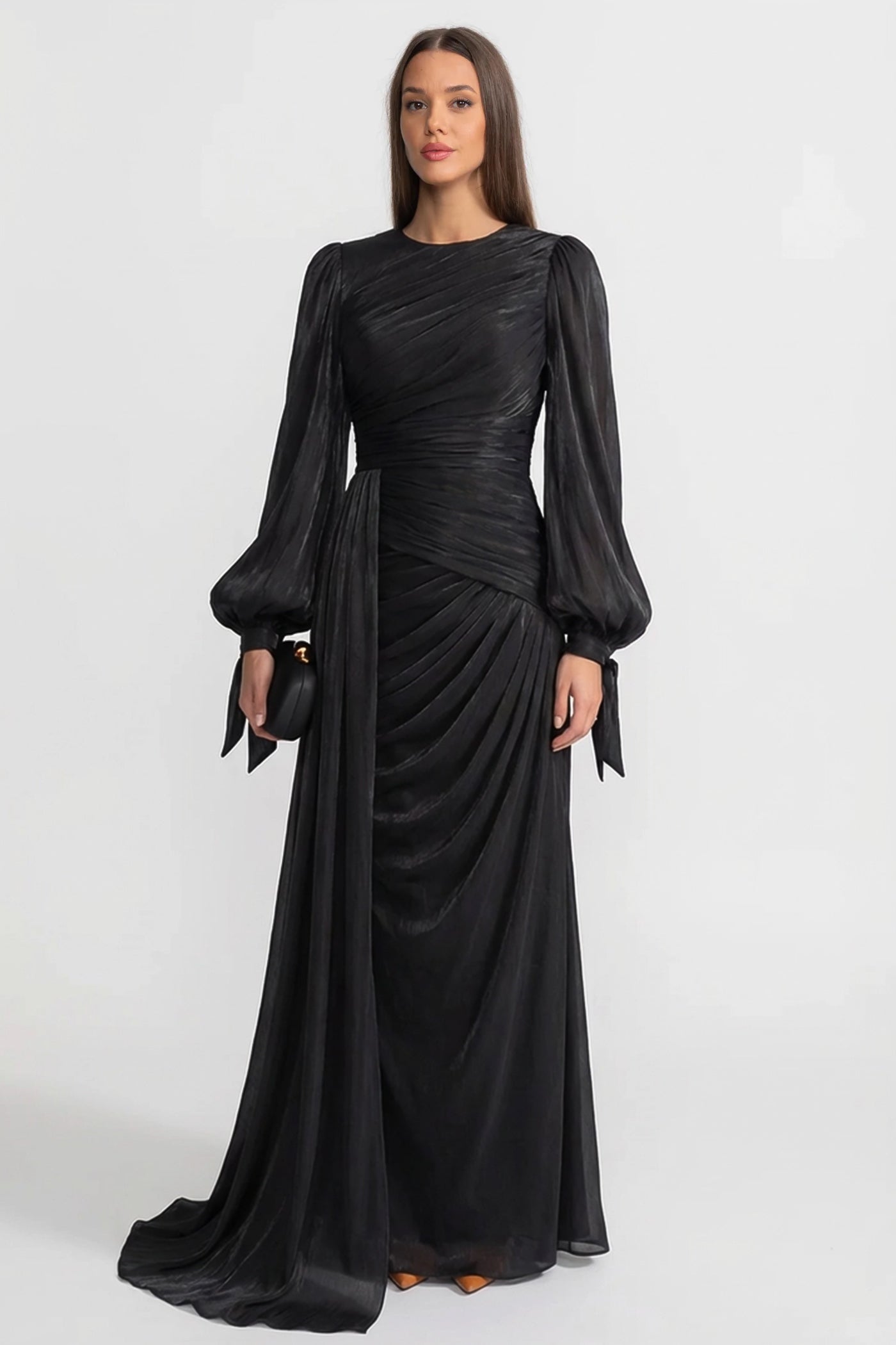 Draped Long-Sleeve Maxi Dress with Gathered Waist – Black
