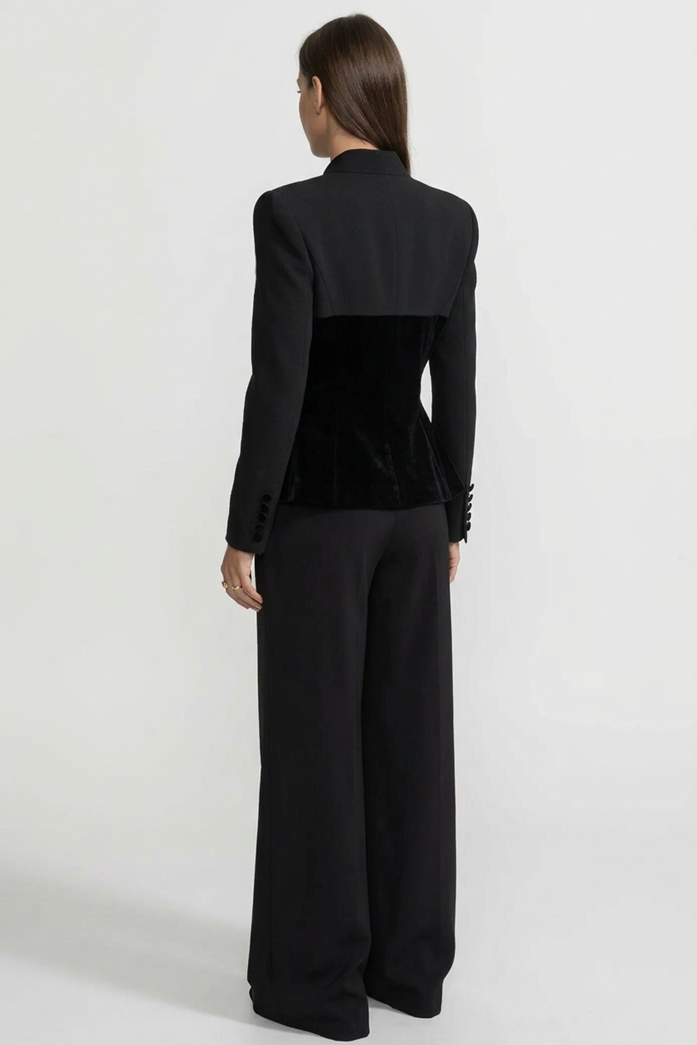 Tailored Long Sleeve Blazer With Velvet Corset-Style Panels - Black