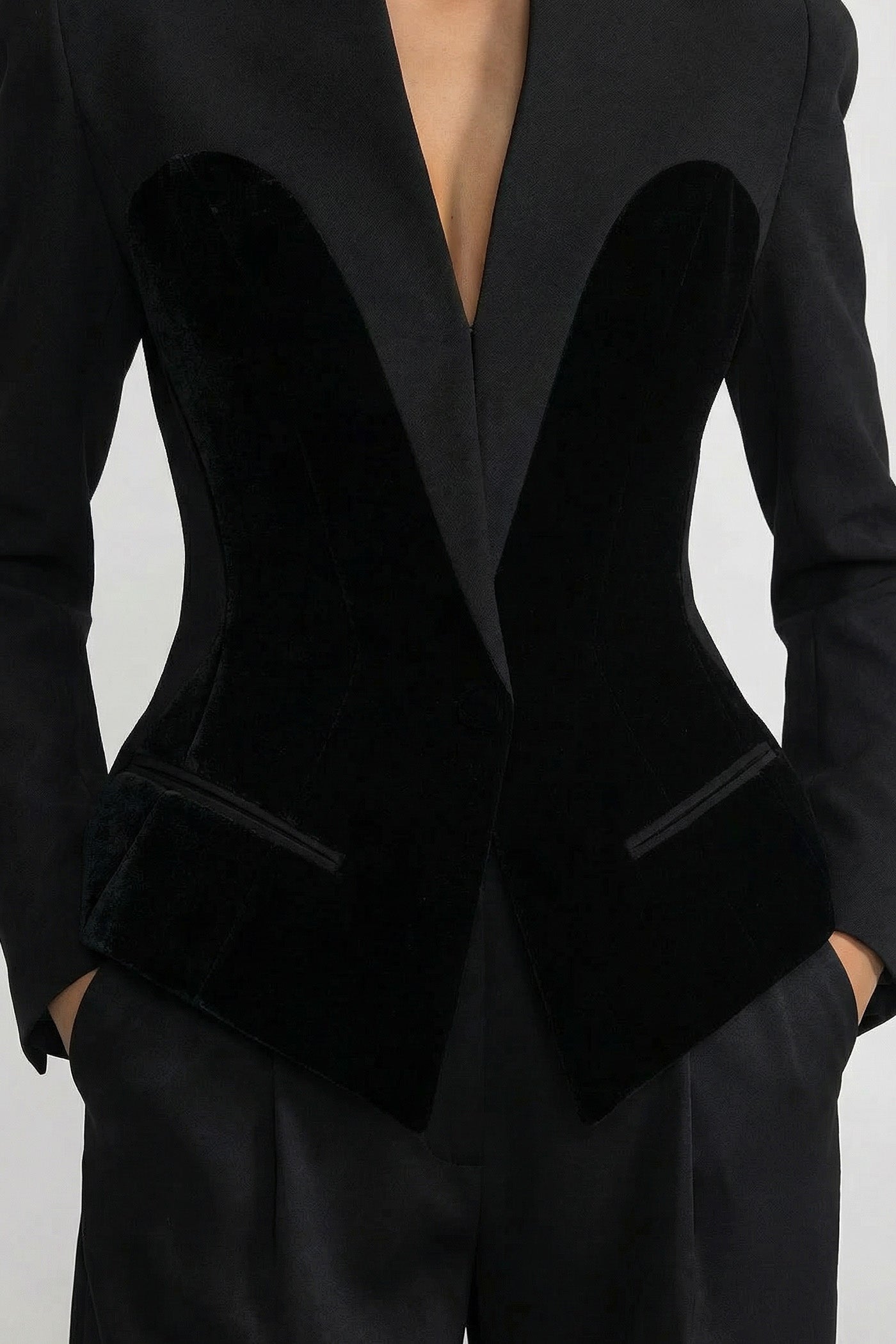 Tailored Long Sleeve Blazer With Velvet Corset-Style Panels - Black