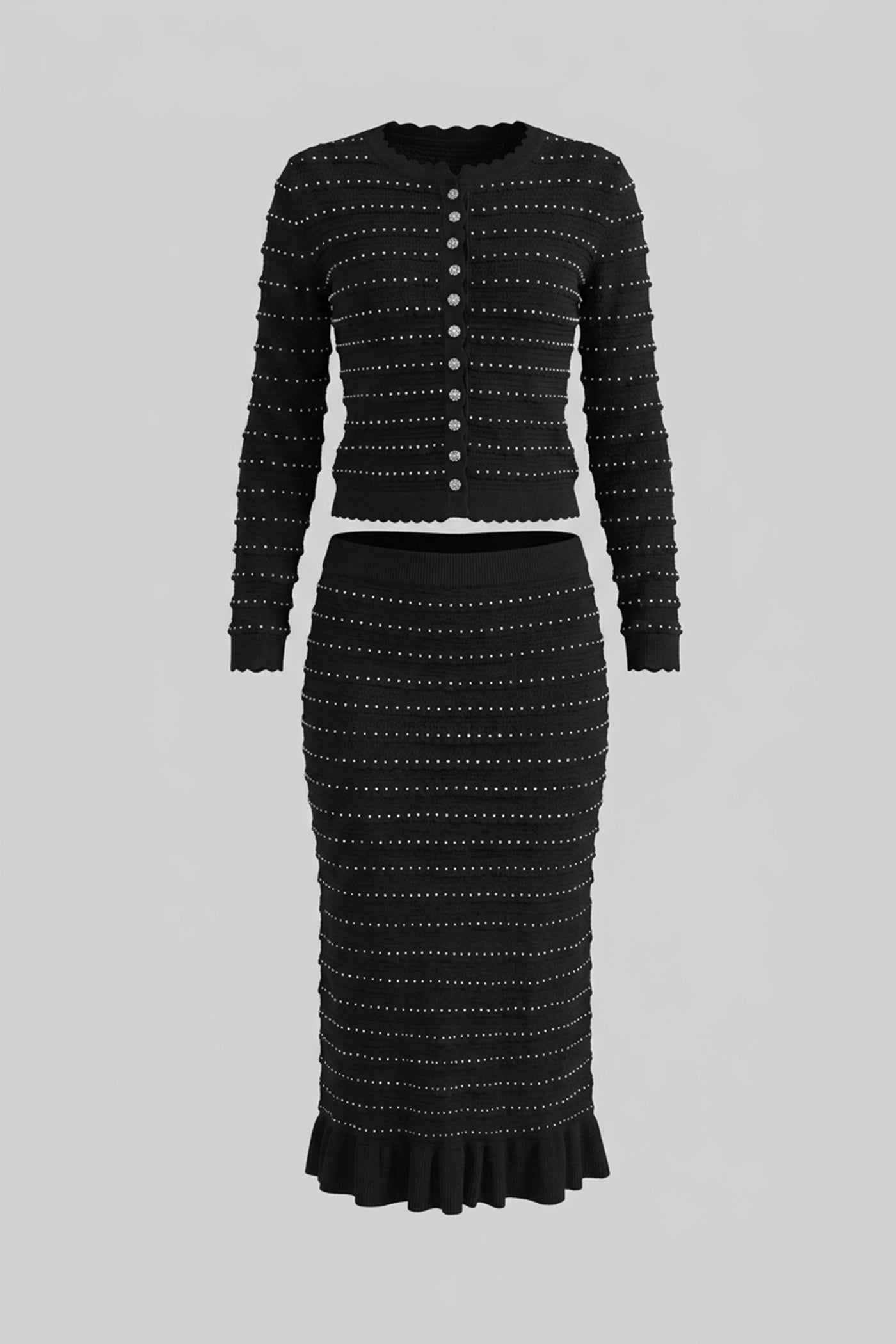 طقم منسوج متناسق مع نسيج مخطط بنمط بوينتيل وتطريزات متلألئة - أسود 