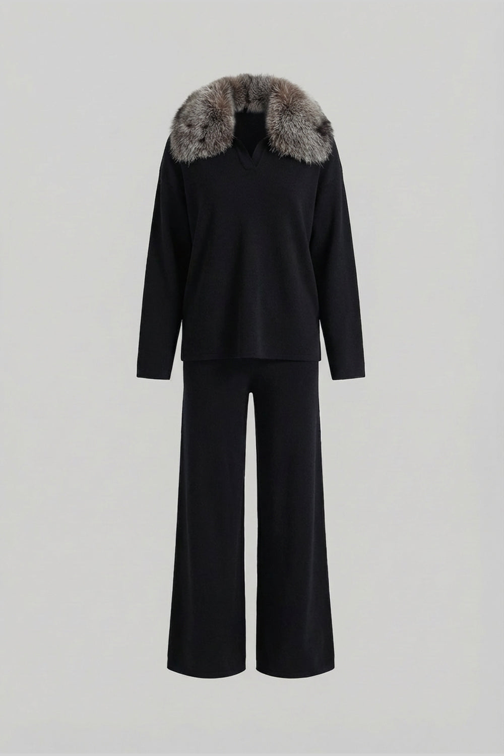 Knit Lounge Co-Ord Set with Fox Fur Collar – Black/Grey